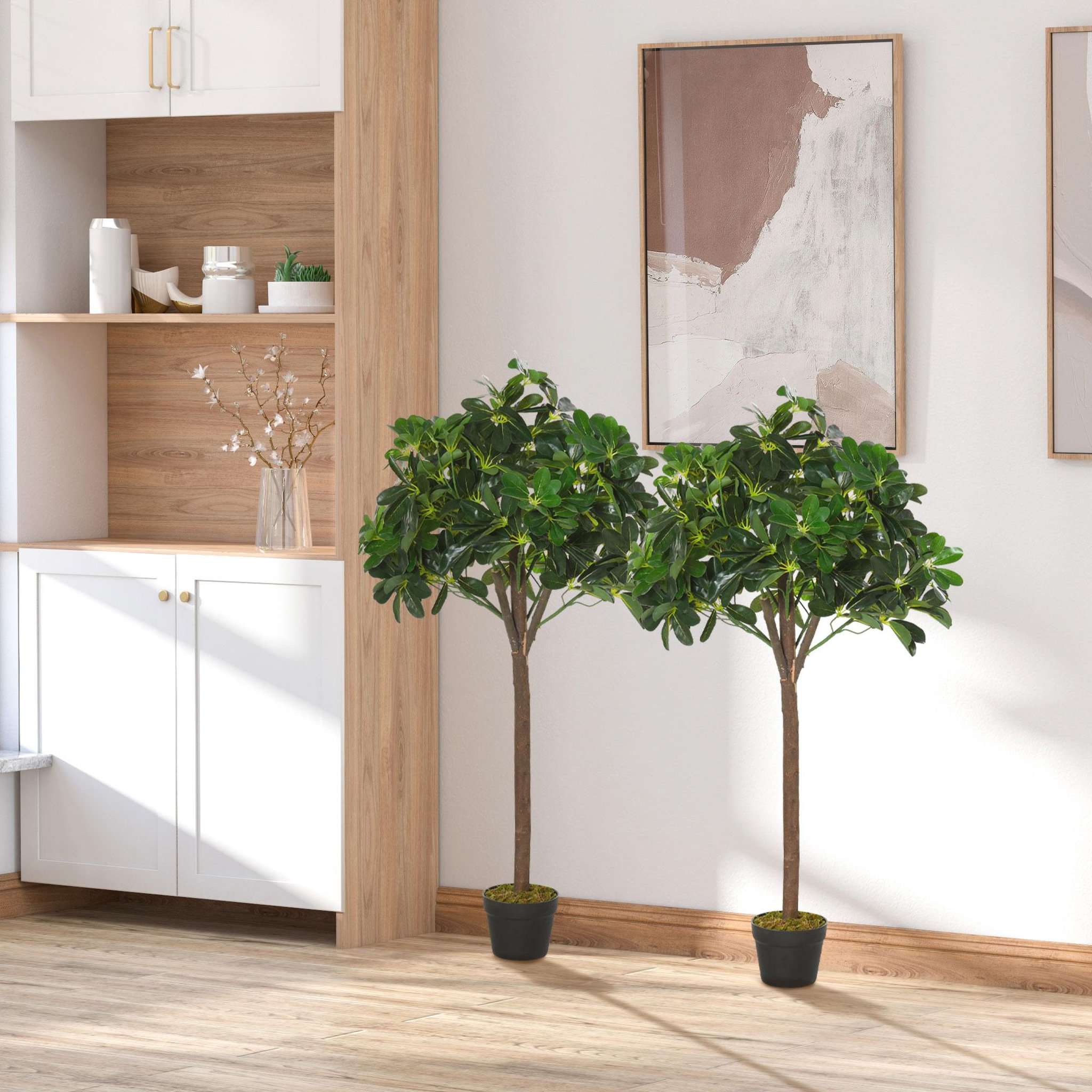Voir la diapositive 2 : OUTSUNNY Lauriers artificiels topiaires 1,20H m - lot de 2 lauriers boules artificiels - 741 feuilles réalistes par pied - tronc liane - pot inclus noir vert