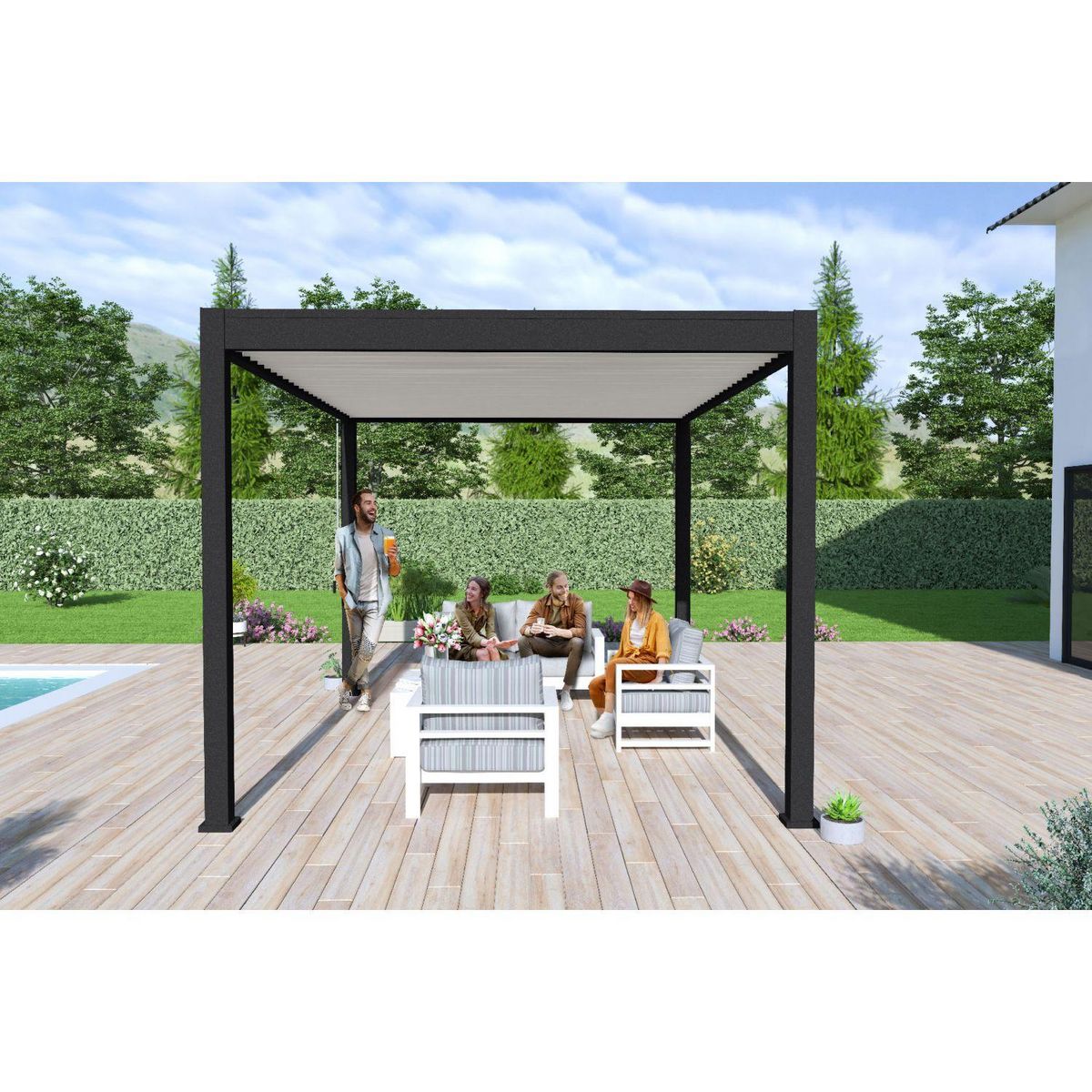 Pergola Bioclimatique autoportée  3X4 m - Aluminium - Noir charbon/blanc - VS OmBREA®