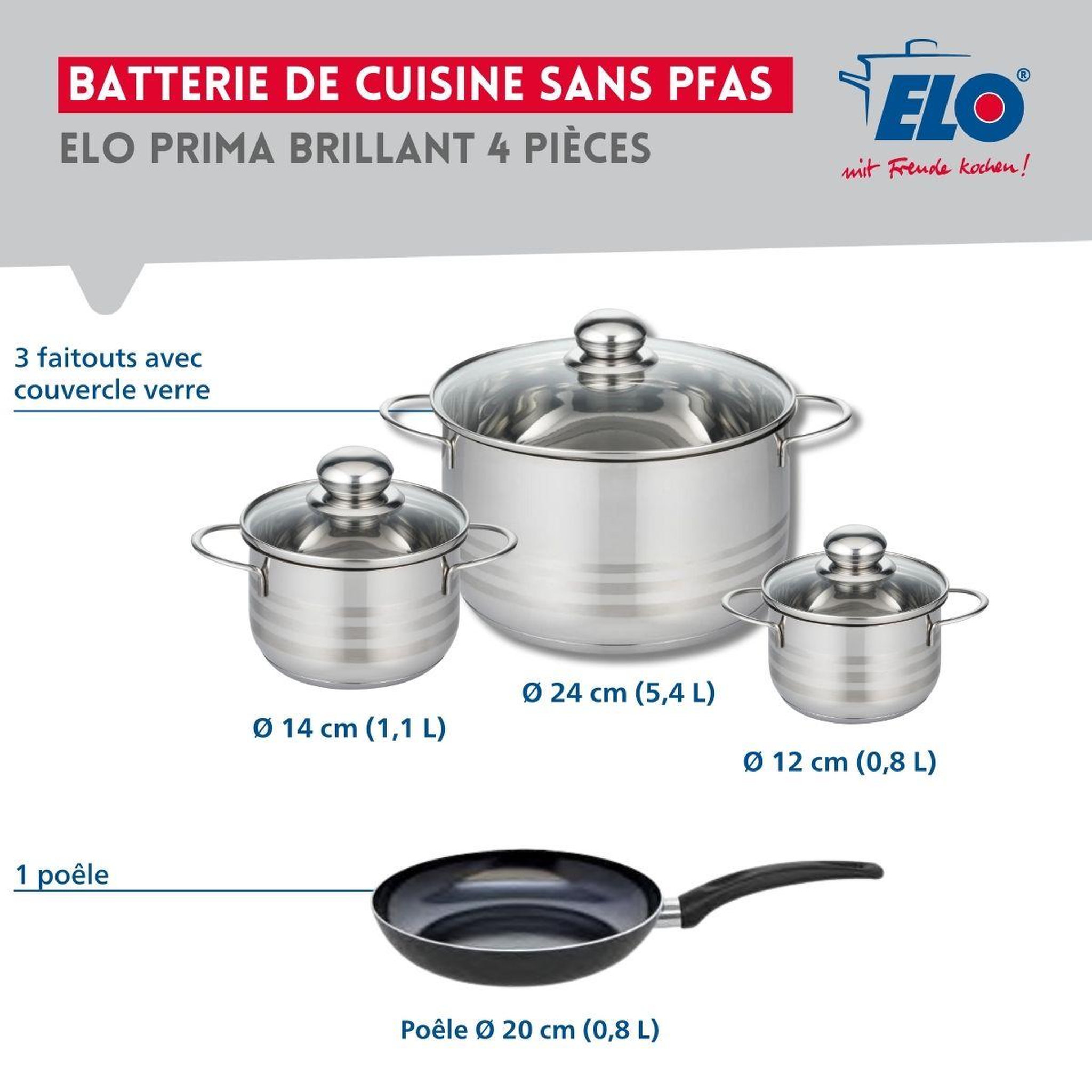 Voir la diapositive 2 : ELO Ensemble de 1 poêle de cuisson 20 cm et 3 faitouts 12, 14 et 24 cm elo prima brillant
