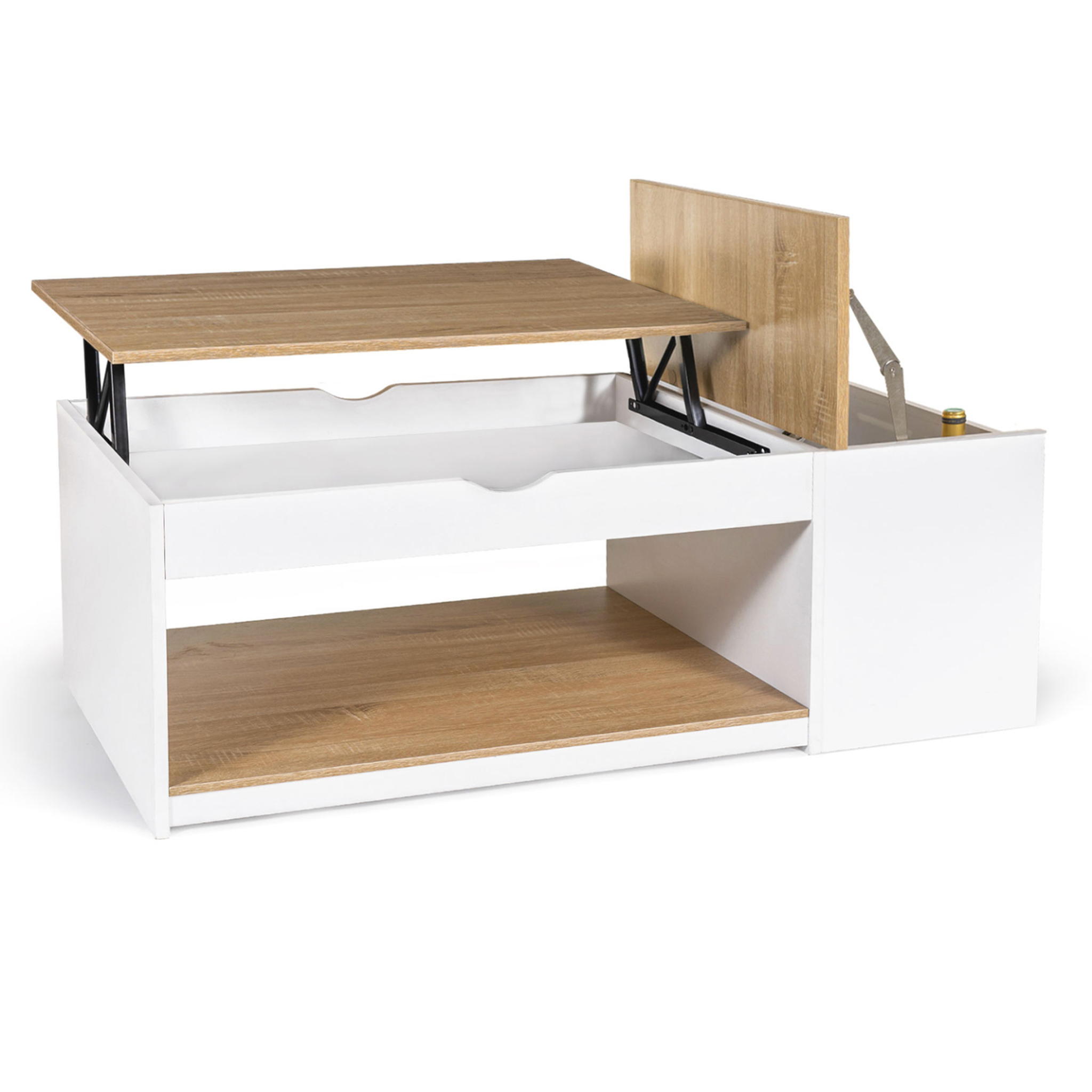 Voir la diapositive 4 : ID MARKET Table basse plateau relevable rectangulaire elea avec coffre bois blanc et façon hêtre