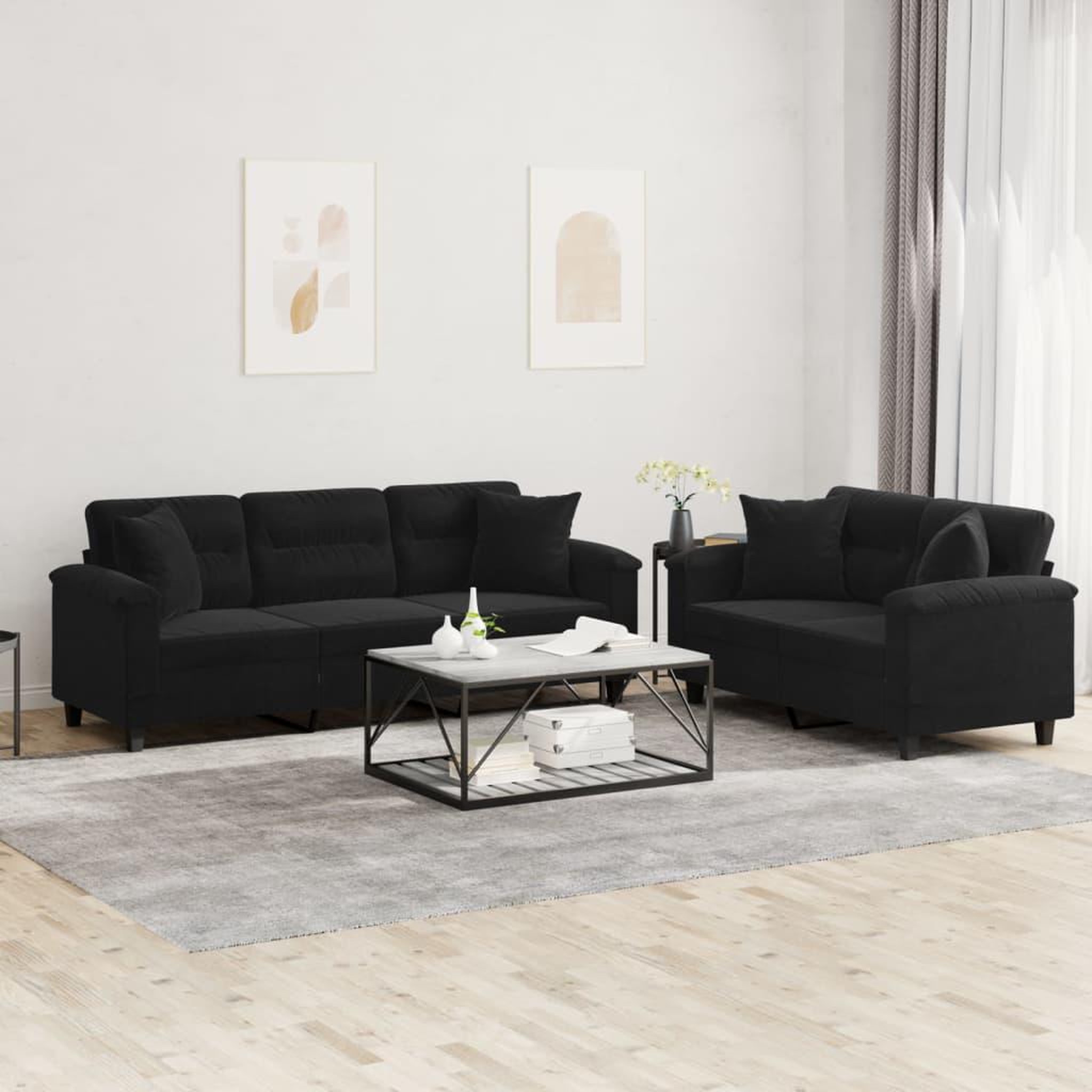 VIDAXL Ensemble de canapes 2 pcs avec coussins Noir Tissu microfibre