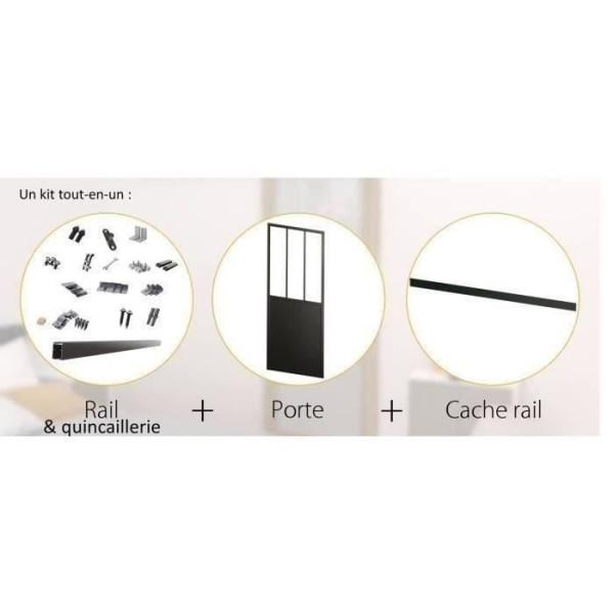 Voir la diapositive 4 : OPTIMUM Optimum - kit porte coulissante + rail + bandeau atelier - h 204 x l 93 x p 4 cm - noir verre transparent