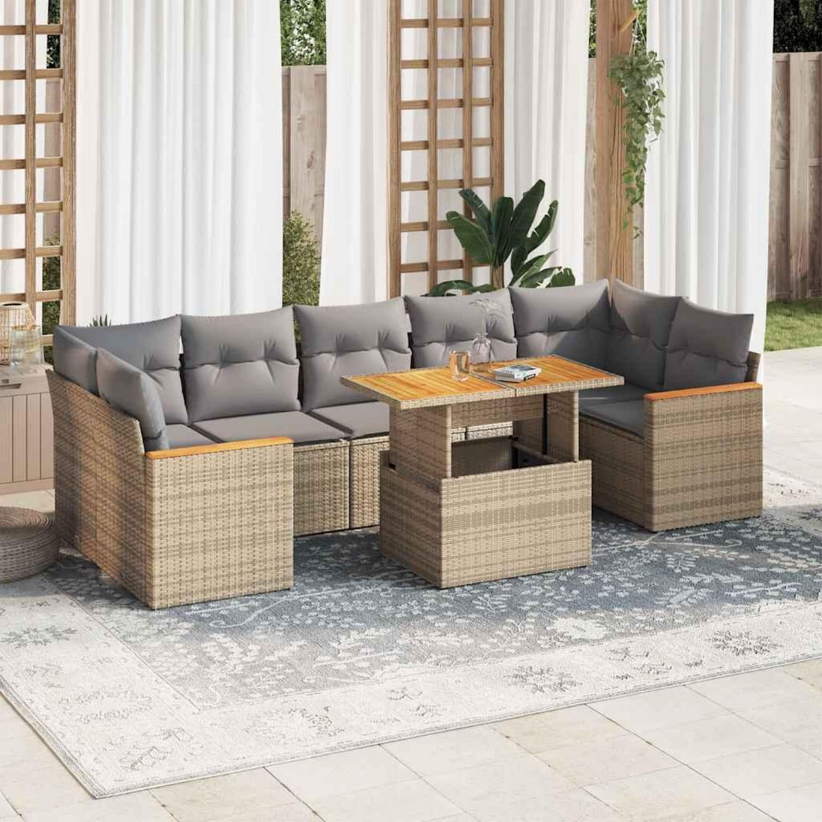 VIDAXL Salon de jardin avec coussins 8 pcs beige resine tressee acacia