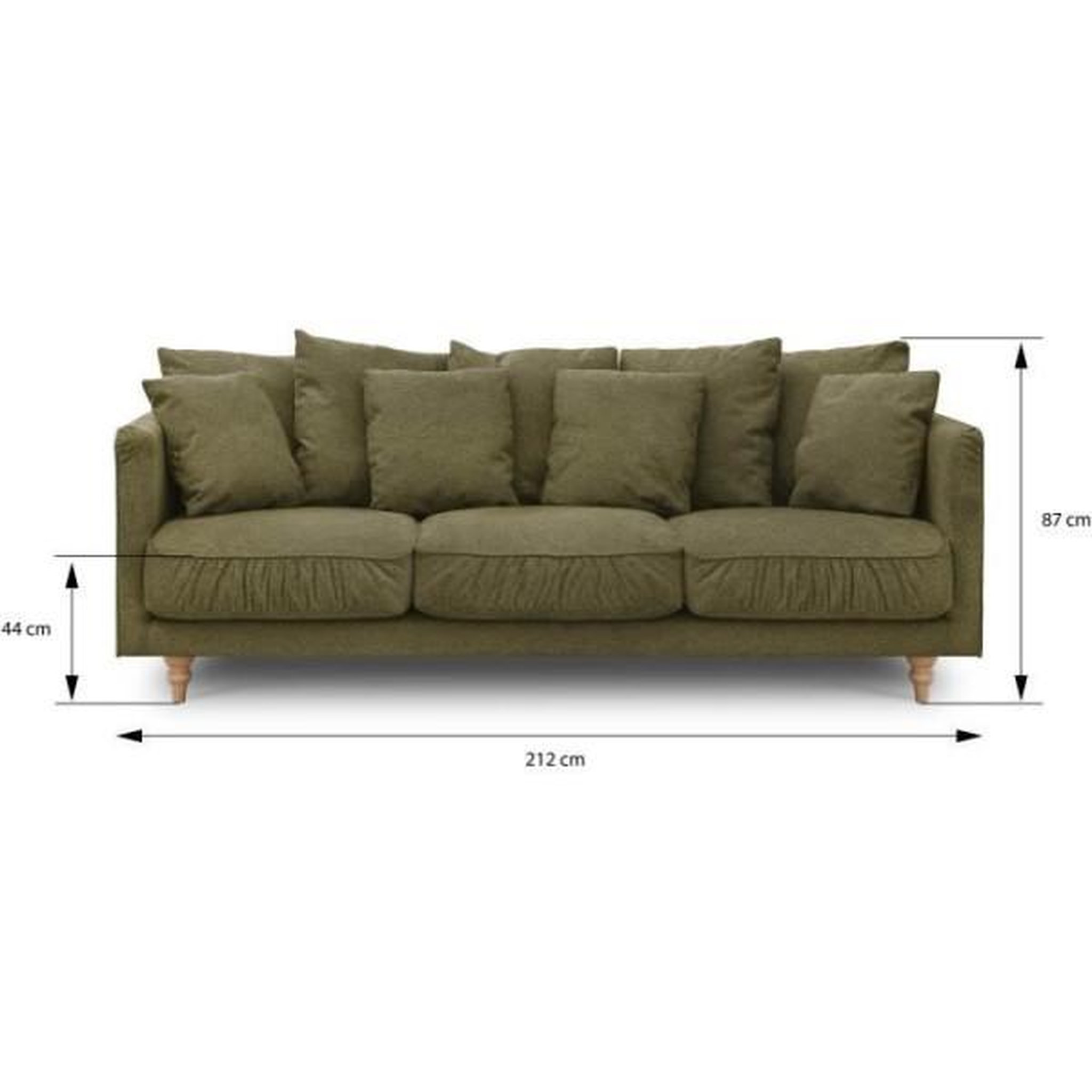 Voir la diapositive 4 : MARKET24 Canapé fixe 4 places CONSTANCE - Tissu vert - Pied en bois massif - L 212 x H 87 x P 93 cm