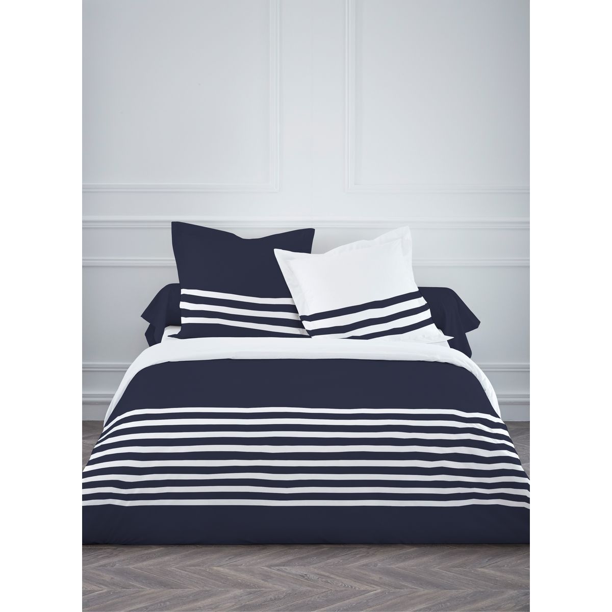 Parure housse de couette coton 57 fils rayures thème marin 