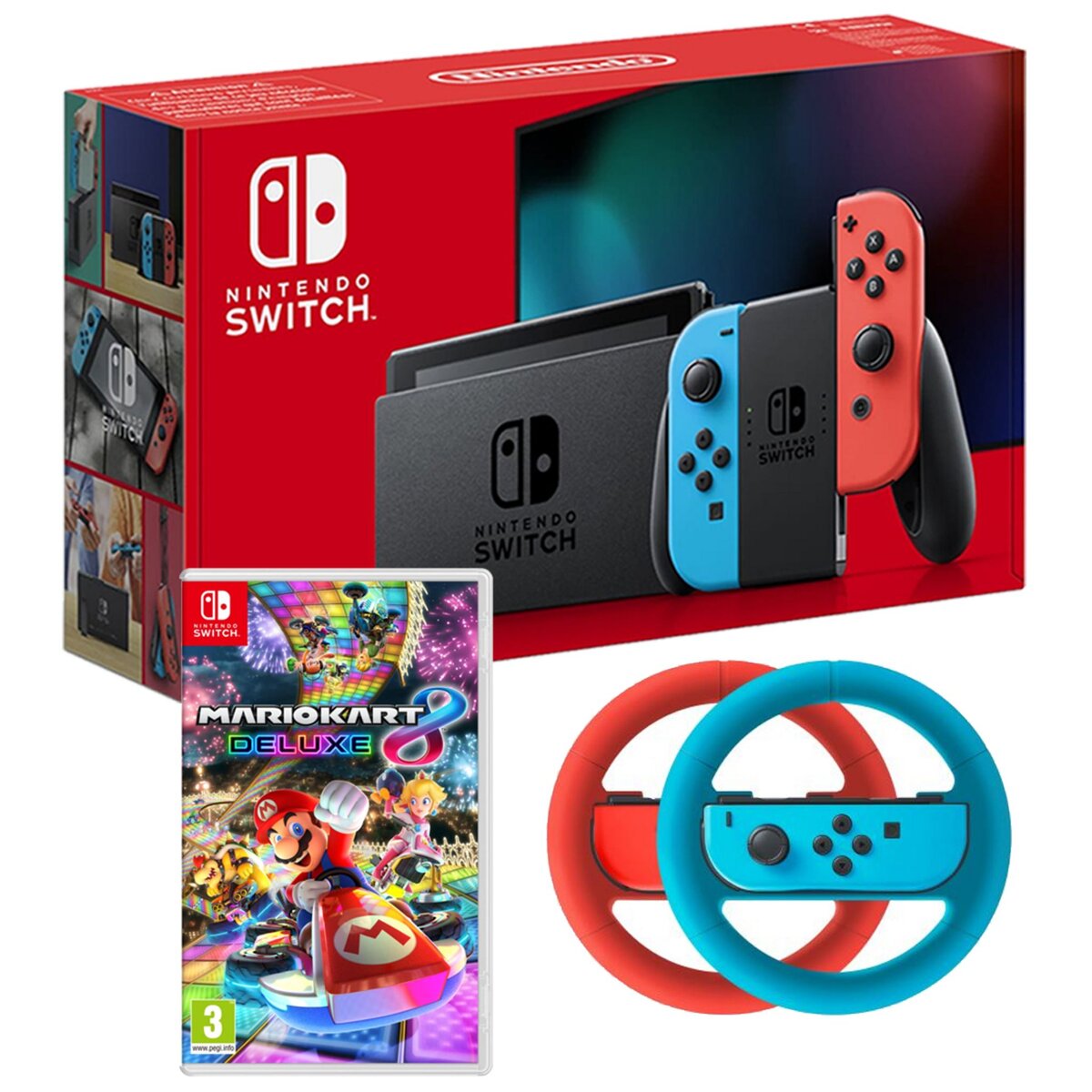 NINTENDO EXCLU WEB Console Nintendo Switch Joy-Con Bleu et Rouge + Mario Kart 8 Deluxe + Pack de deux Volants Joy-Con