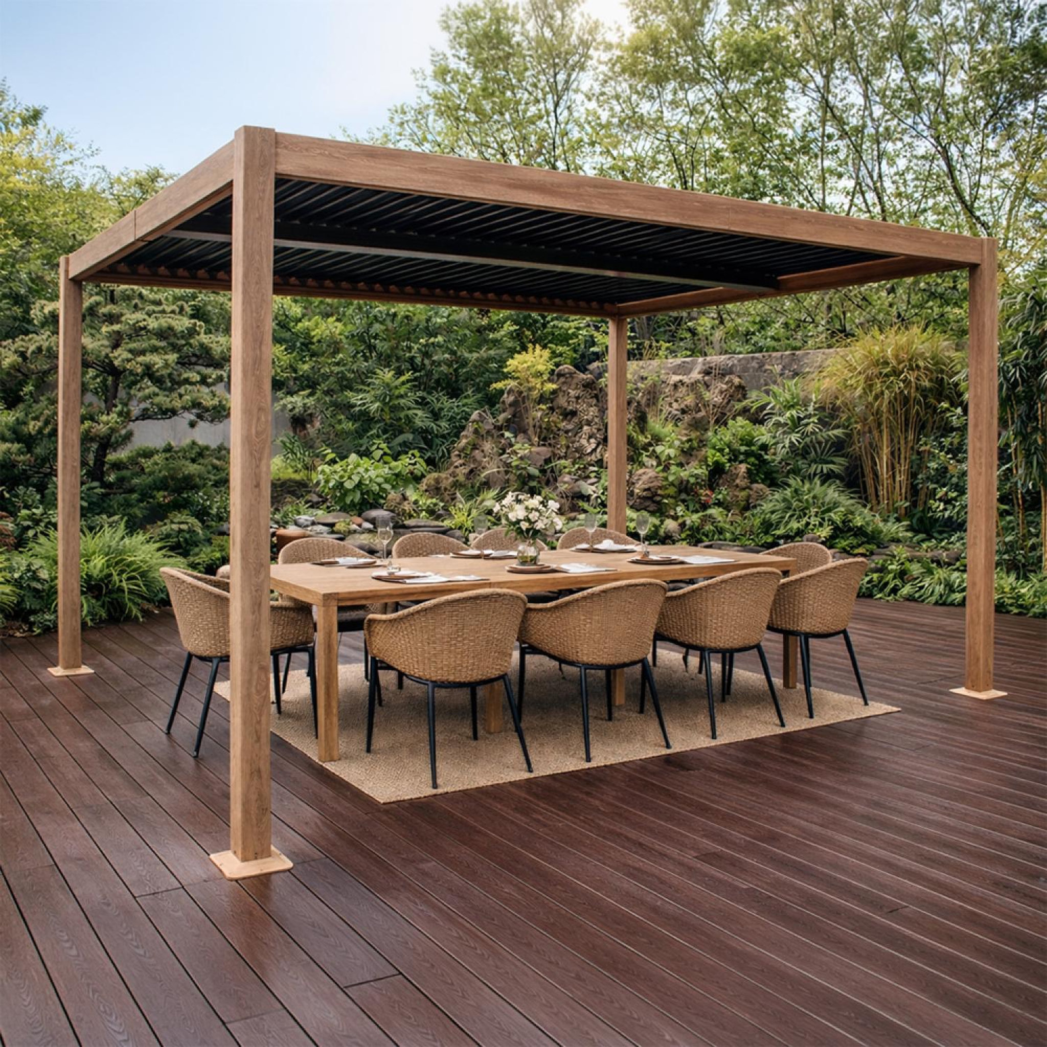 Voir la diapositive 4 : CONCEPT USINE Pergola bioclimatique 4x3m structure aluminium lames orientables effet bois corfu