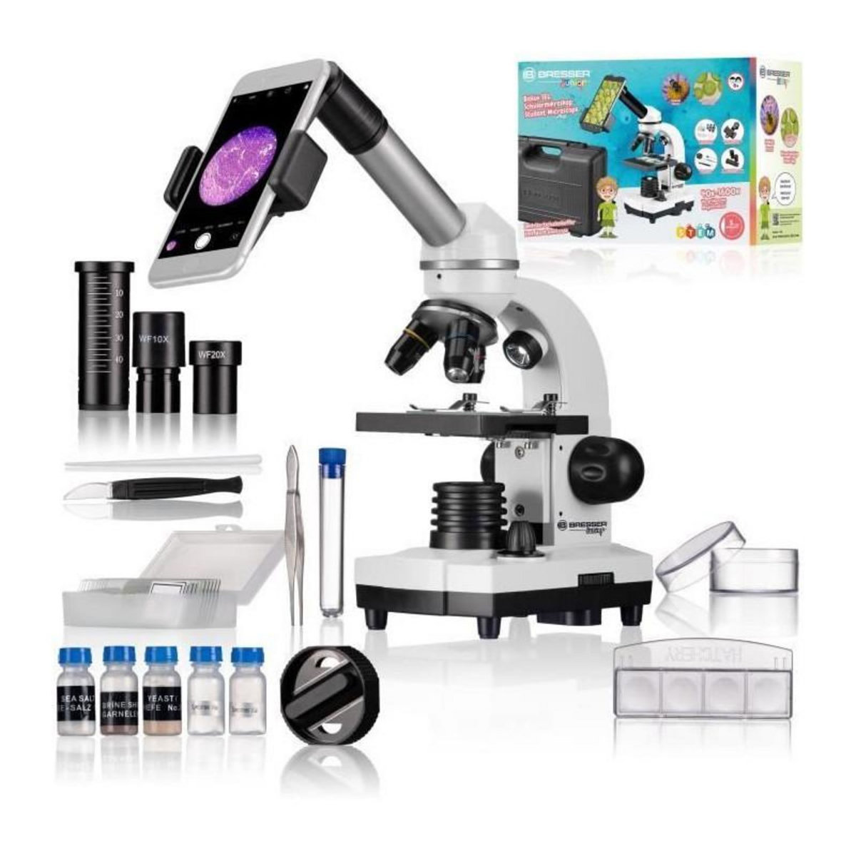 Bresser Microscope Biolux SEL avec systeme de zoom - BRESSER JUNIOR - grossissement 40x-1600x - support smartphone - coffret rigide blan