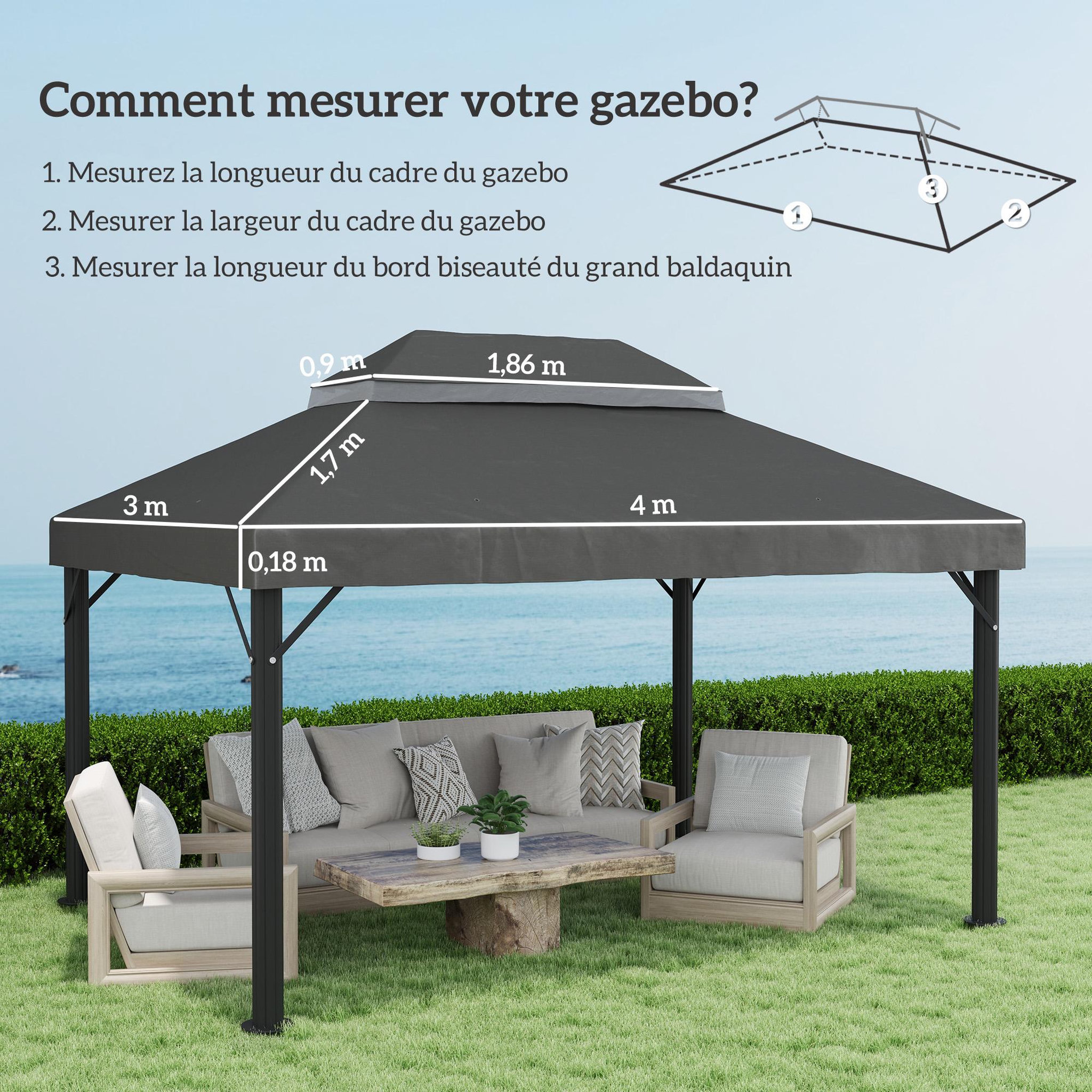 Voir la diapositive 3 : OUTSUNNY Toile de rechange barnum tonnelle 4 x 3 m - toit double avec œillets drainage - polyester haute densité 370 g/m² gris