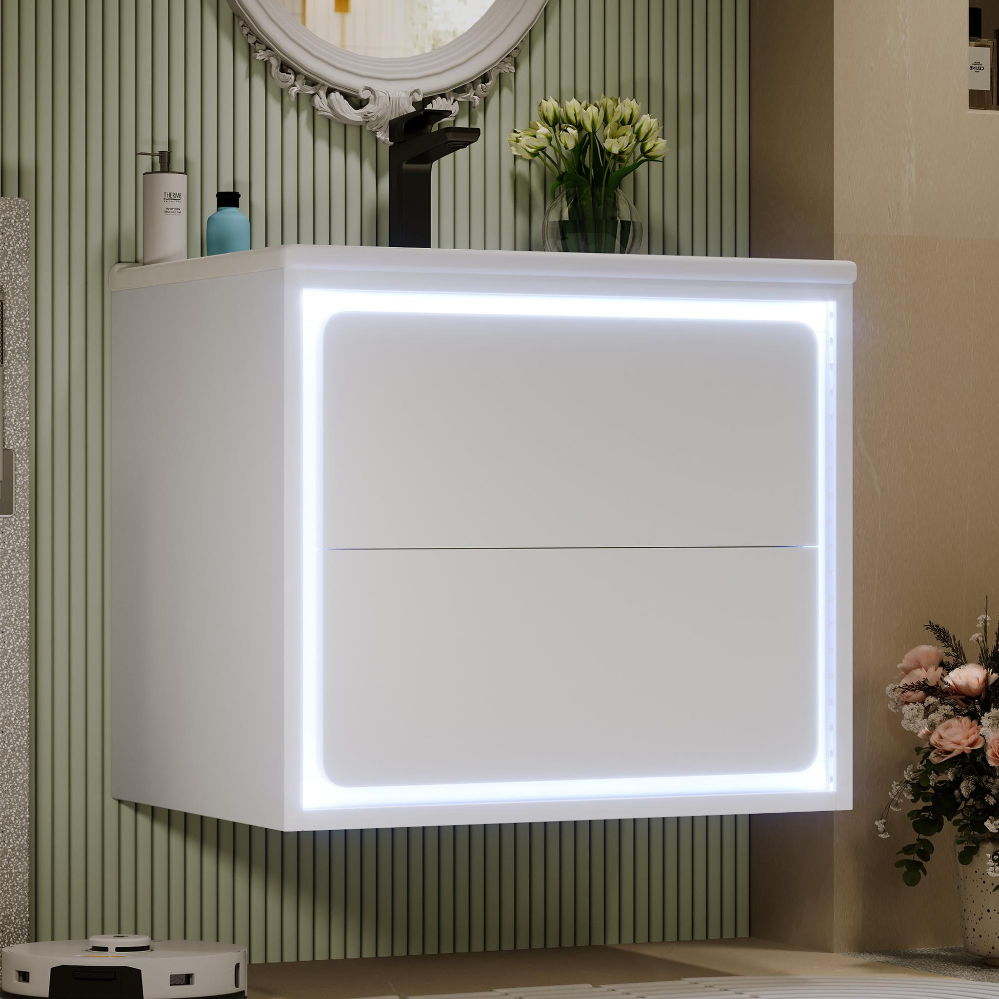 Voir la diapositive 2 : MERAX Meuble De Salle De Bain Vasque 2 Tiroirs Et LED Blanc