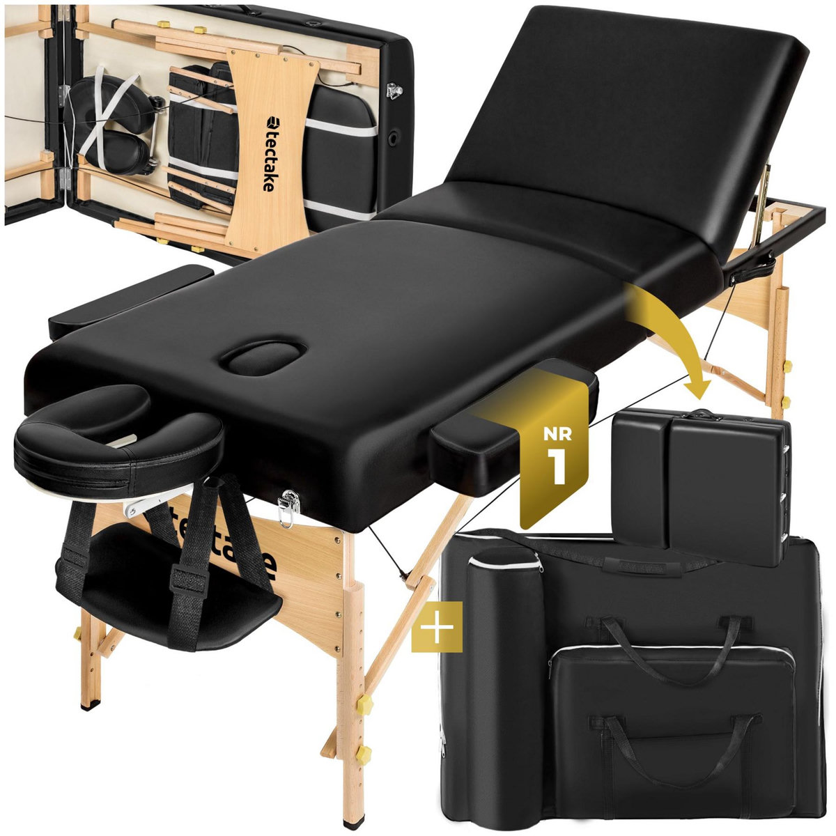tectake Table de massage portable et pliante à 3 zones largeur 70 cm et rembourrage 10 cm noir