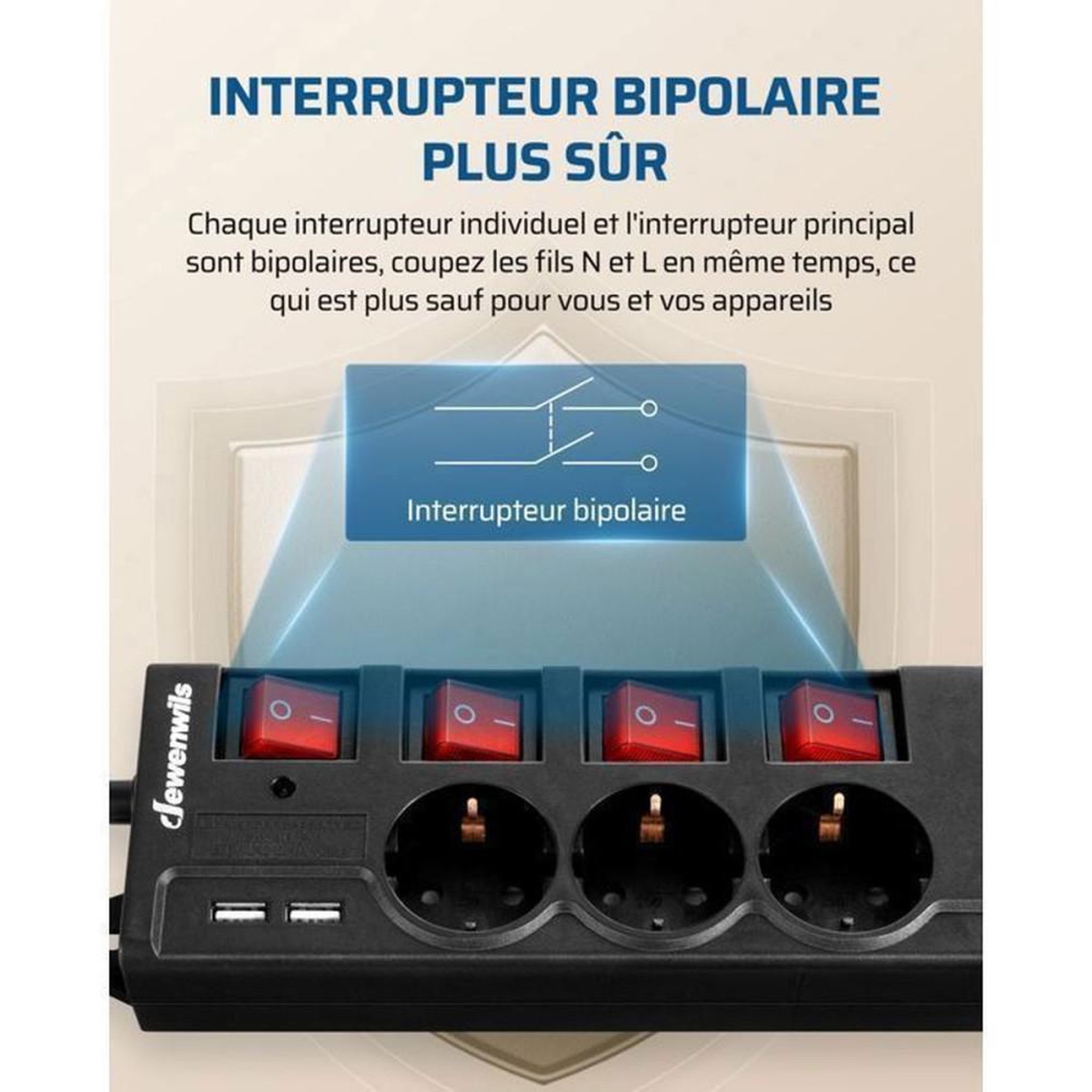 Voir la diapositive 6 : Multiprise parafoudre 6 prises AC + 2 USB 3680 W 16 A, câble 3 m, 7 interrupteurs LED, fixation murale ou bureau, noire