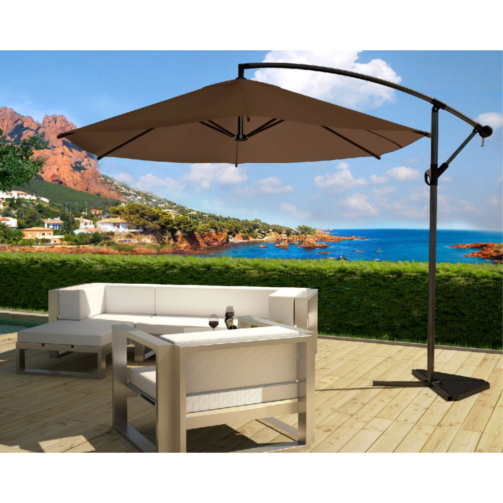 Voir la diapositive 4 : CONCEPT USINE Parasol marron déporté rond 3 x 3 m porticcio