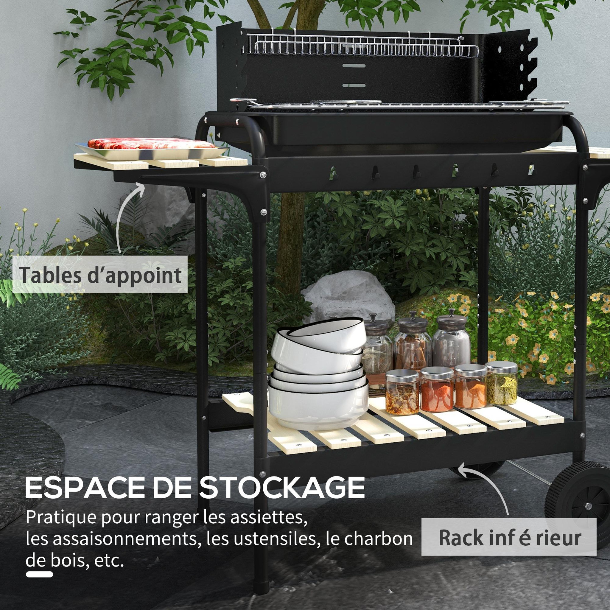 Voir la diapositive 6 : OUTSUNNY Barbecue à charbon sur pied grille réglable 2 roues 3 étagères récupérateur de cendres noir