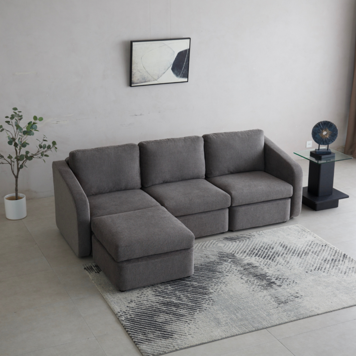 CONCEPT USINE Canapé modulable 3 places gris foncé avec pouf KONEKT