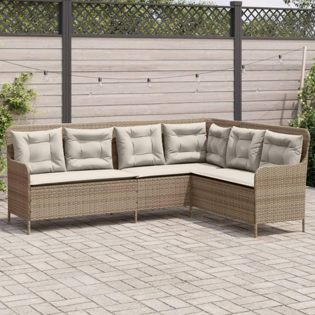 VIDAXL Canape de jardin avec coussins forme de L beige resine tressee