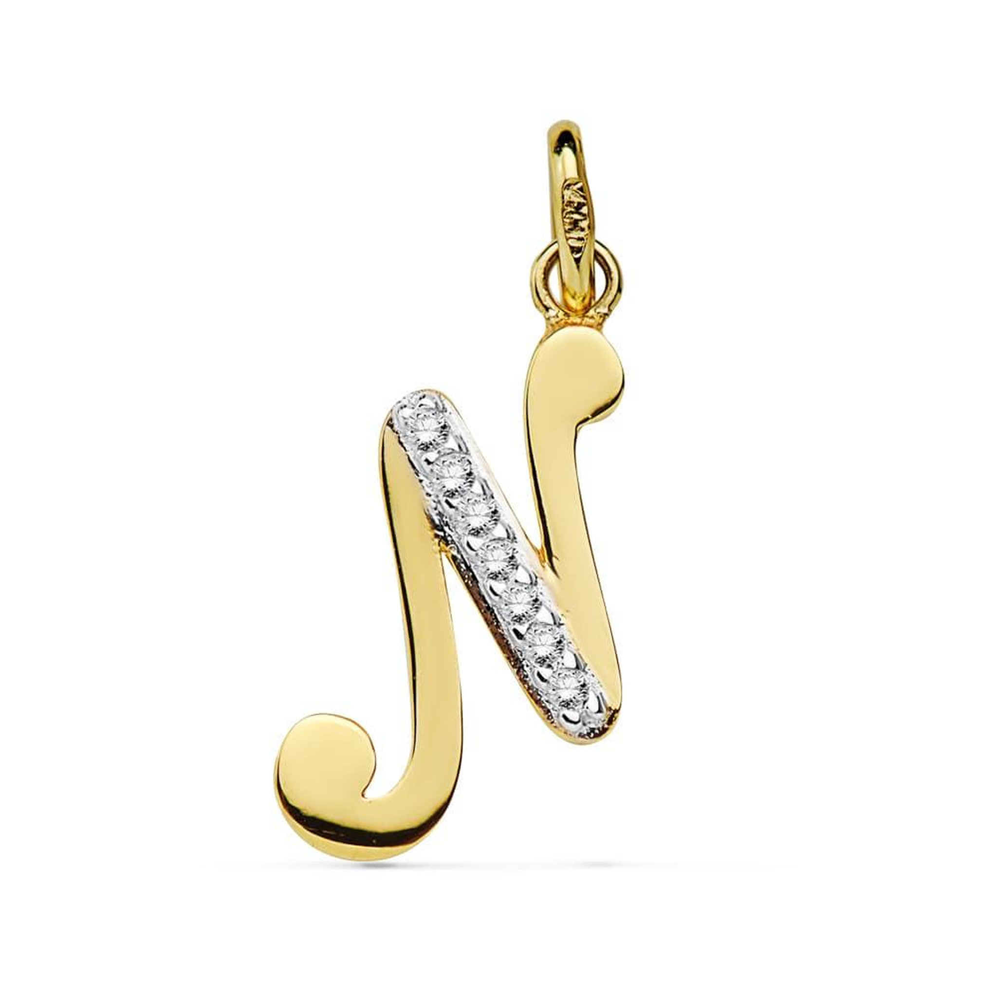 L'ATELIER D'AZUR Pendentif Or 18 Carats 750 Jaune Serti de Zirconiums - Initiale Lettre  N  - Chaine Offerte