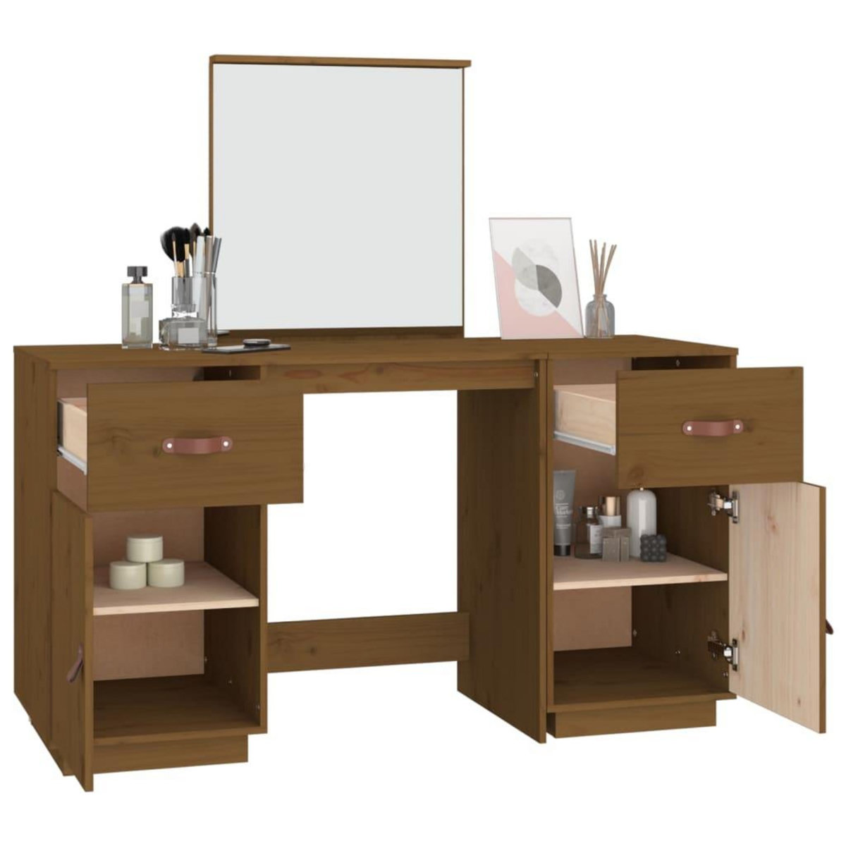 VIDAXL Ensemble de coiffeuse et miroir Marron miel Bois de pin solide