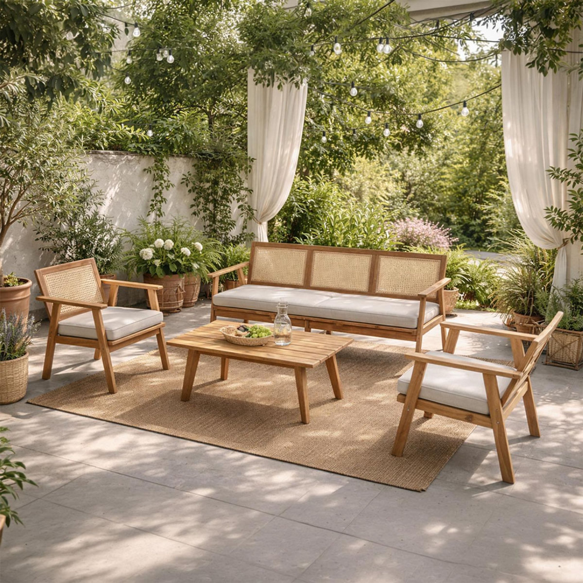 CONCEPT USINE Salon de jardin 5 places en acacia et cannage HANOI