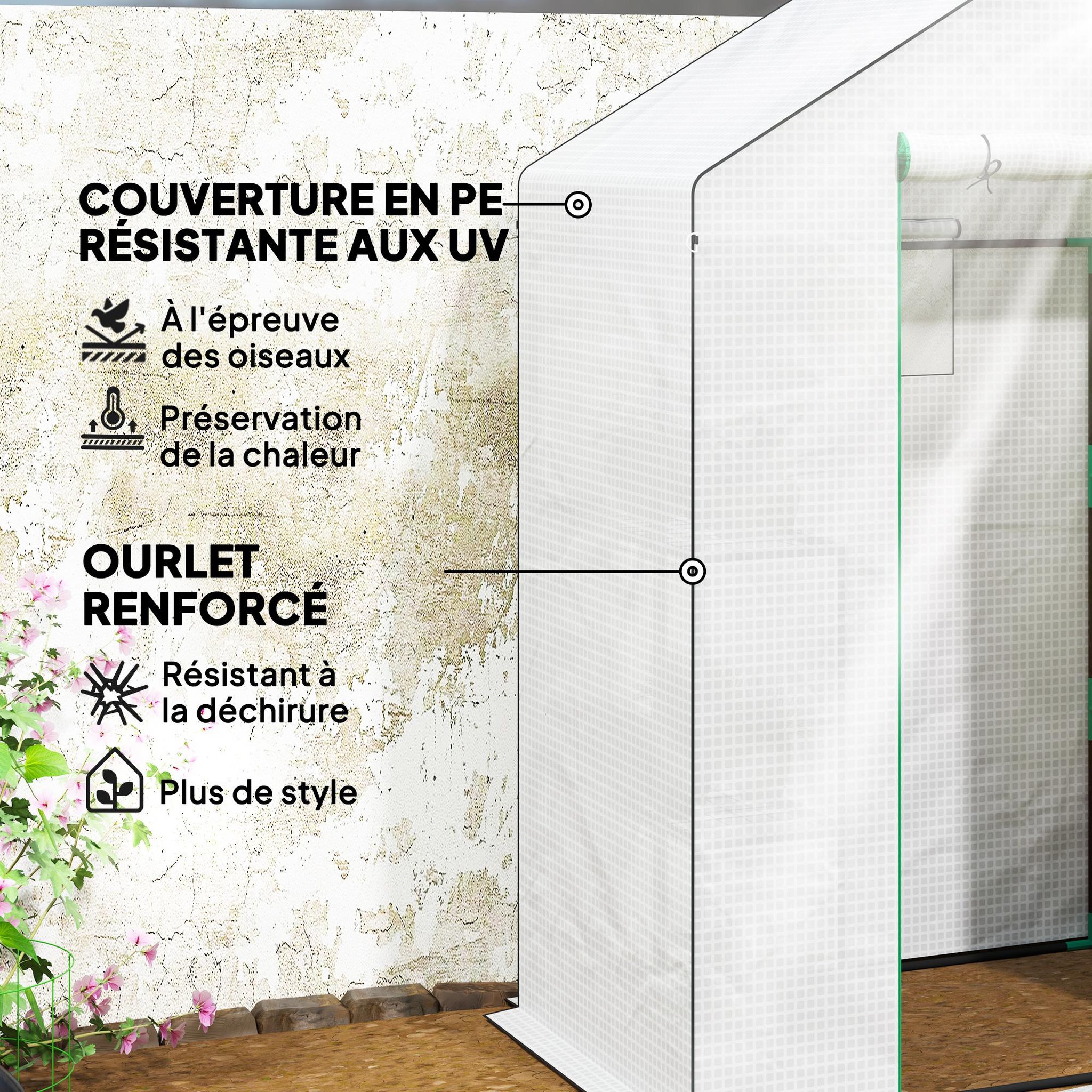 Voir la diapositive 5 : OUTSUNNY Serre de jardin 4 tablettes dim. 1,43l x 0,74l x 1,9h m porte déroulante fenêtre acier pe haute densité blanc