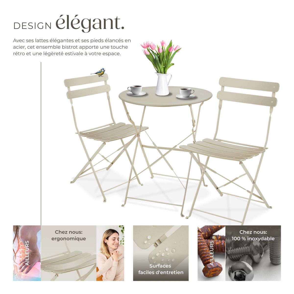 tectake Ensemble table et chaises bistrot pour 2 personnes crème