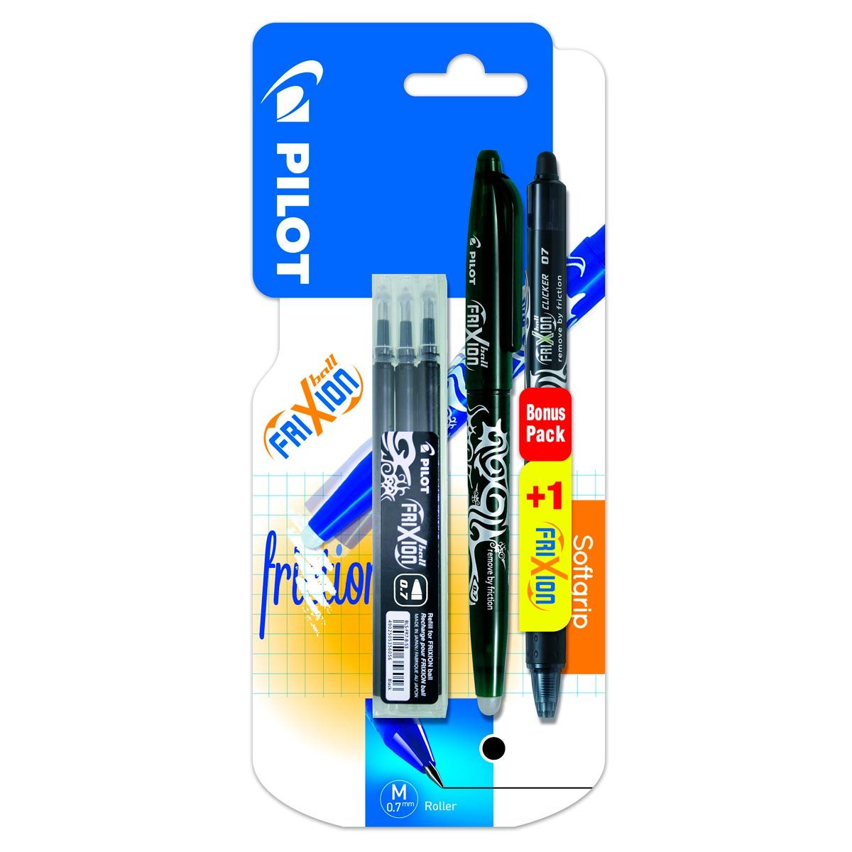 PILOT  Stylo roller effaçable rechargeable Frixion ball Noir + 3 recharges noires + 1 Frixion clicker noir
