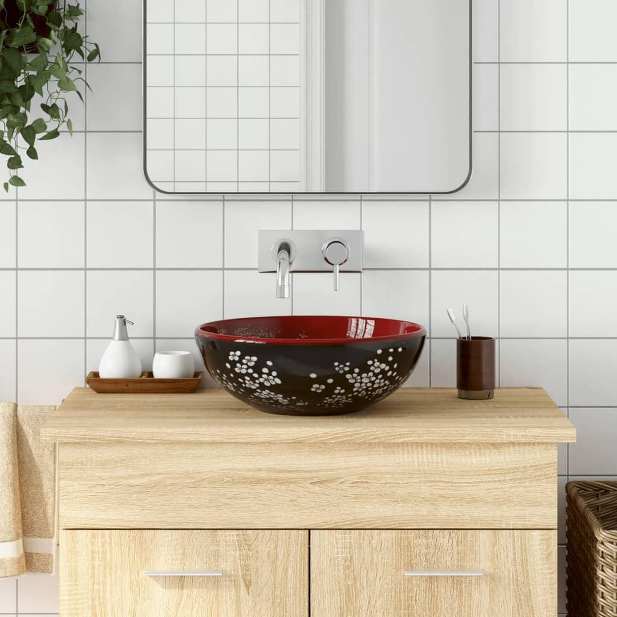 VIDAXL Vasque a poser noir et rouge rond Φ41x14 cm ceramique