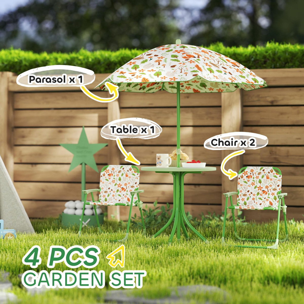 OUTSUNNY Ensemble salon de jardin enfant pliable 2 places 4 pièces motif vie de la forêt vert