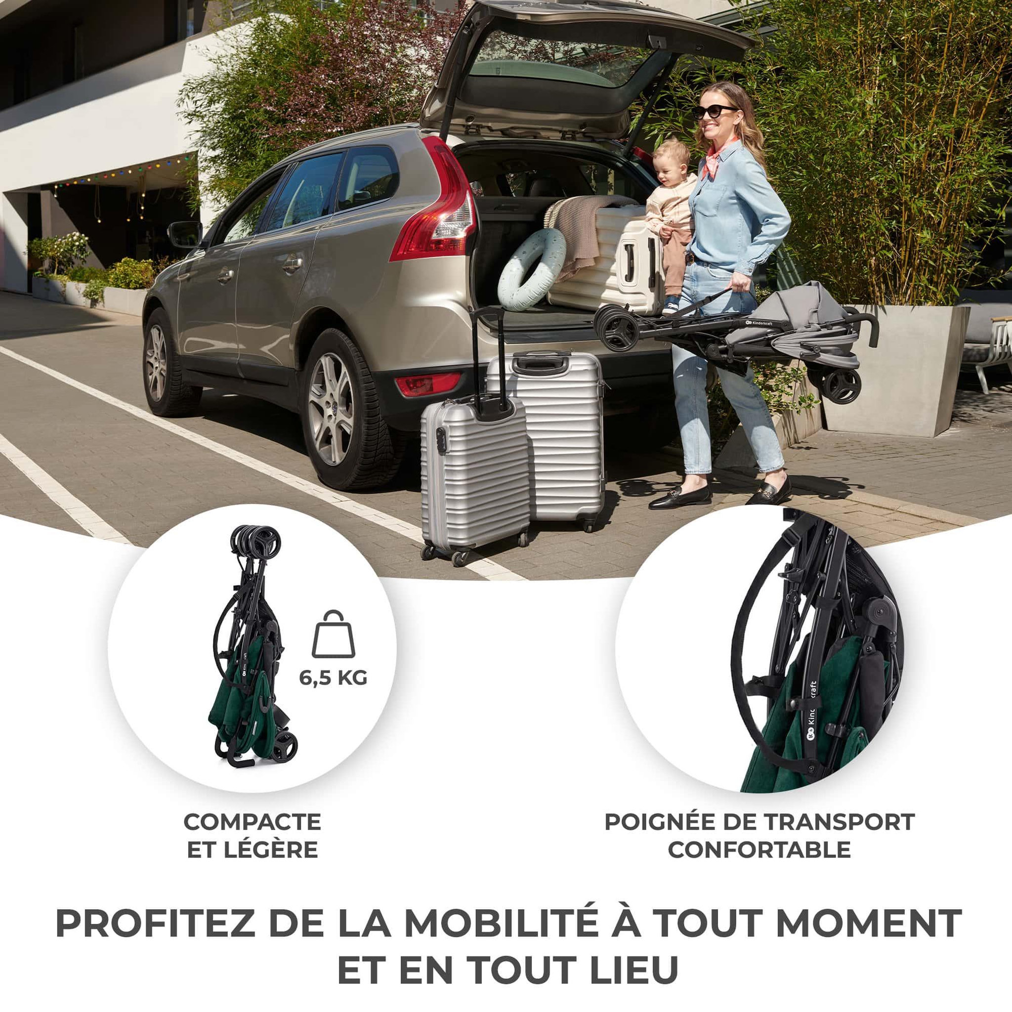 Voir la diapositive 2 : KINDERKRAFT Poussette légère de voyage pliable avec dossier réglable
