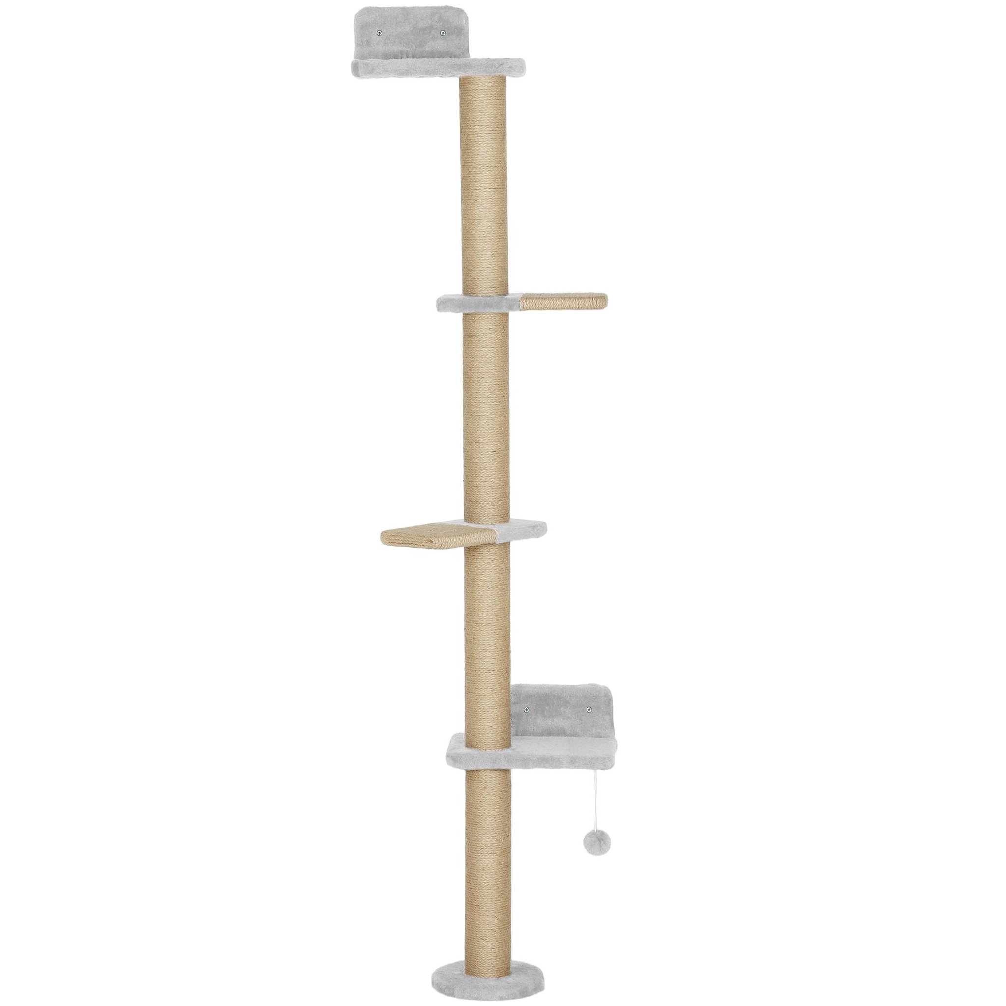 PAWHUT Arbre à chat mural 4 plateformes griffoirs grattoirs boule - 48x21x180cm - gris clair