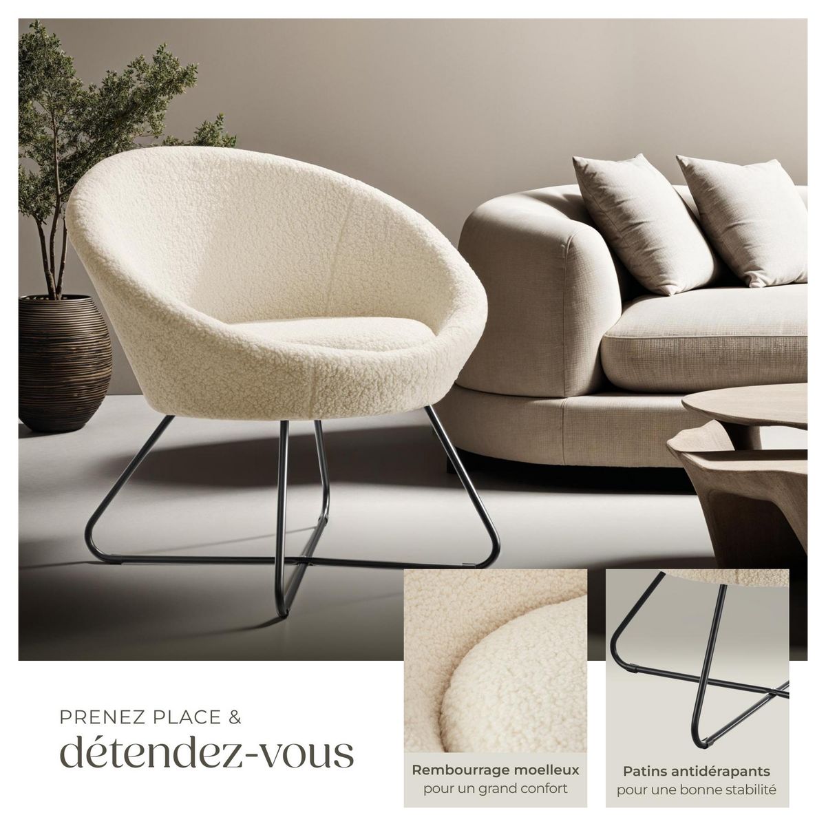 tectake Fauteuil cocktail rembourré avec revêtement en velours Bouclé blanc cassé