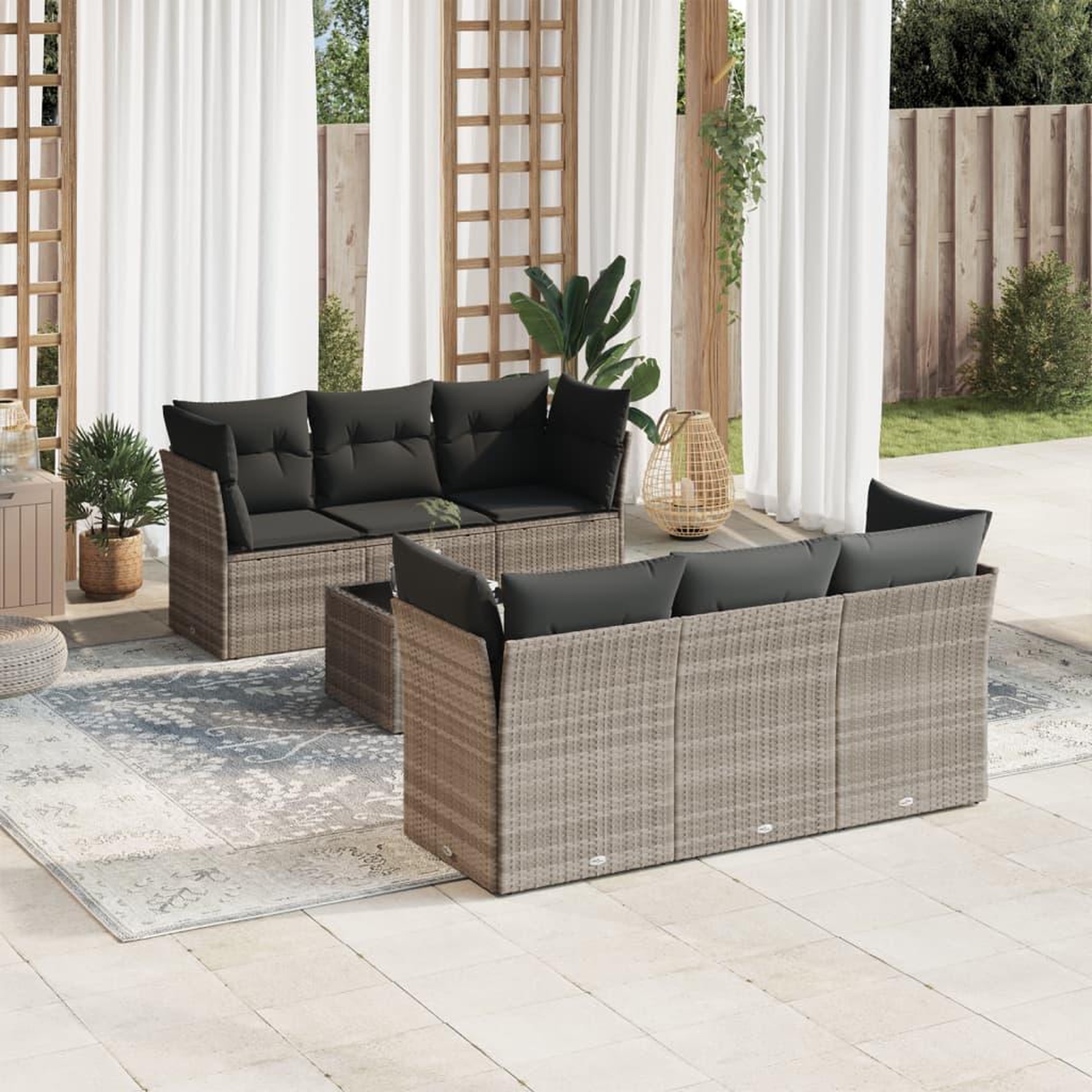 VIDAXL Salon de jardin avec coussins 7 pcs gris clair resine tressee