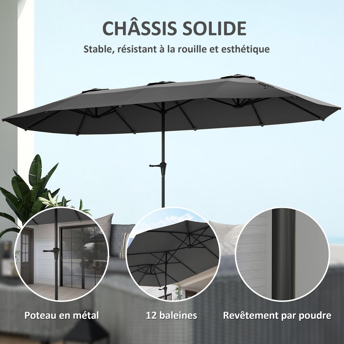 OUTSUNNY Parasol de jardin grande taille dim. 4 x 2,2 x 2,3 m manivelle métal époxy tissu haute densité 180 g/m² gris