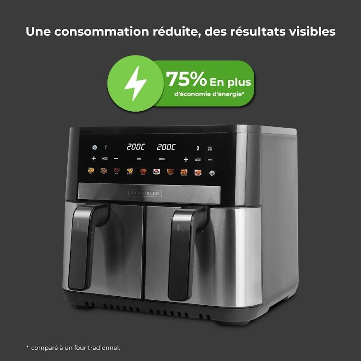 KITCHENCOOK Airscreen - Airscreen11 - Double Friteuse à Air 11l - 9 Programmes - Minuterie Numérique - 2200w