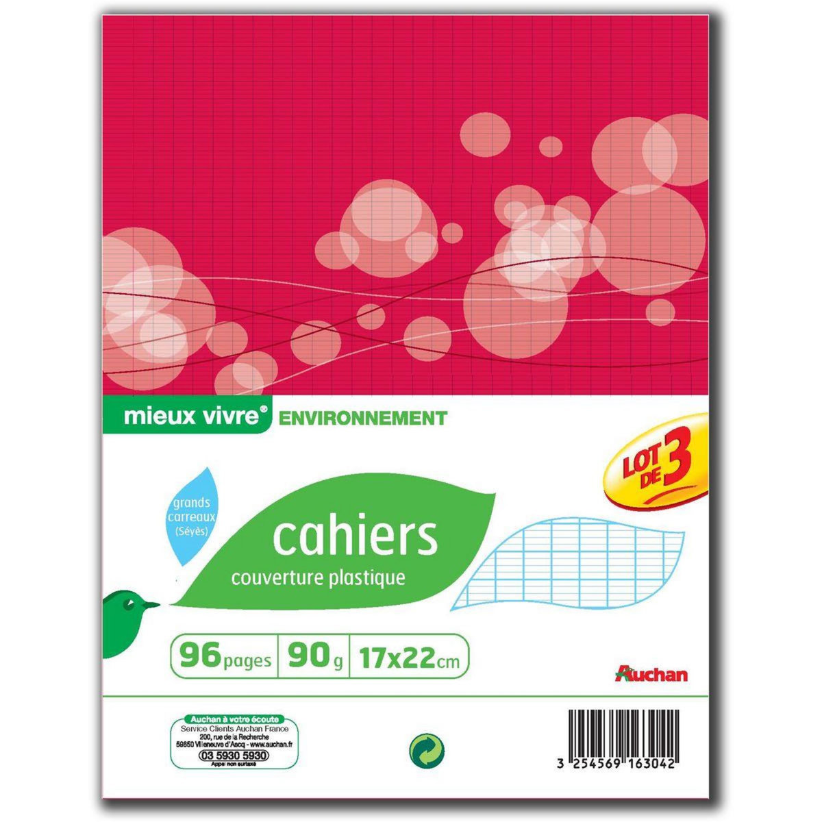 AUCHAN Lot de 3 cahiers piqués polypro 17x22cm 96 pages grands carreaux Seyes motif ronds
