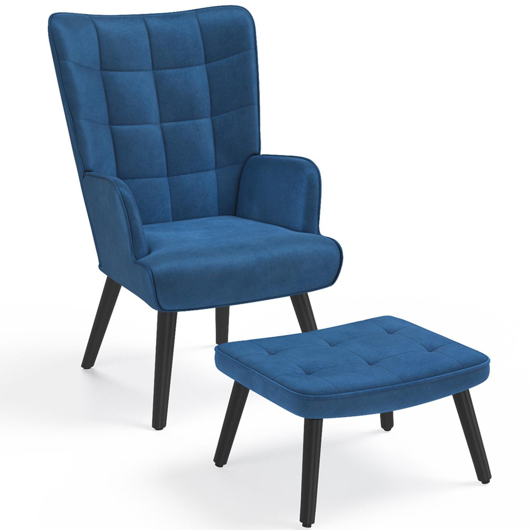 ID MARKET Fauteuil scandinave ania avec repose pieds velours bleu