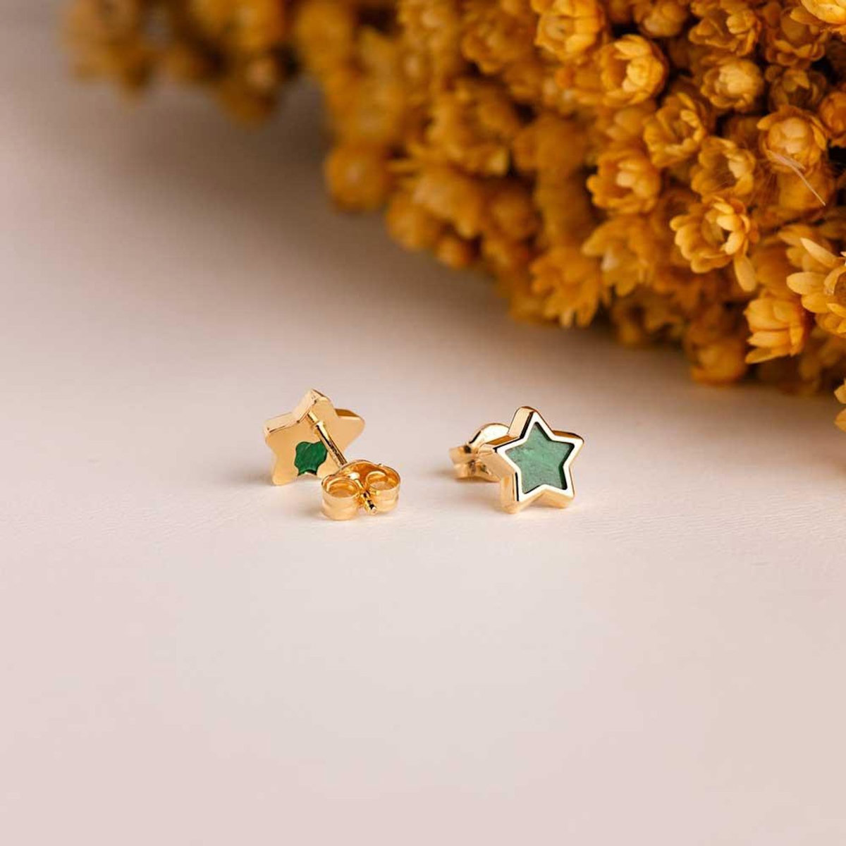 L'ATELIER D'AZUR Boucles d'Oreilles Or 18 Carats 750 Jaune et Malachite - Etoiles