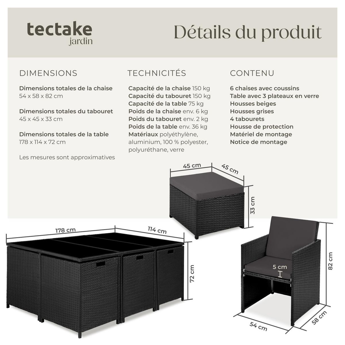 tectake Salon de jardin avec cadre en aluminium noir