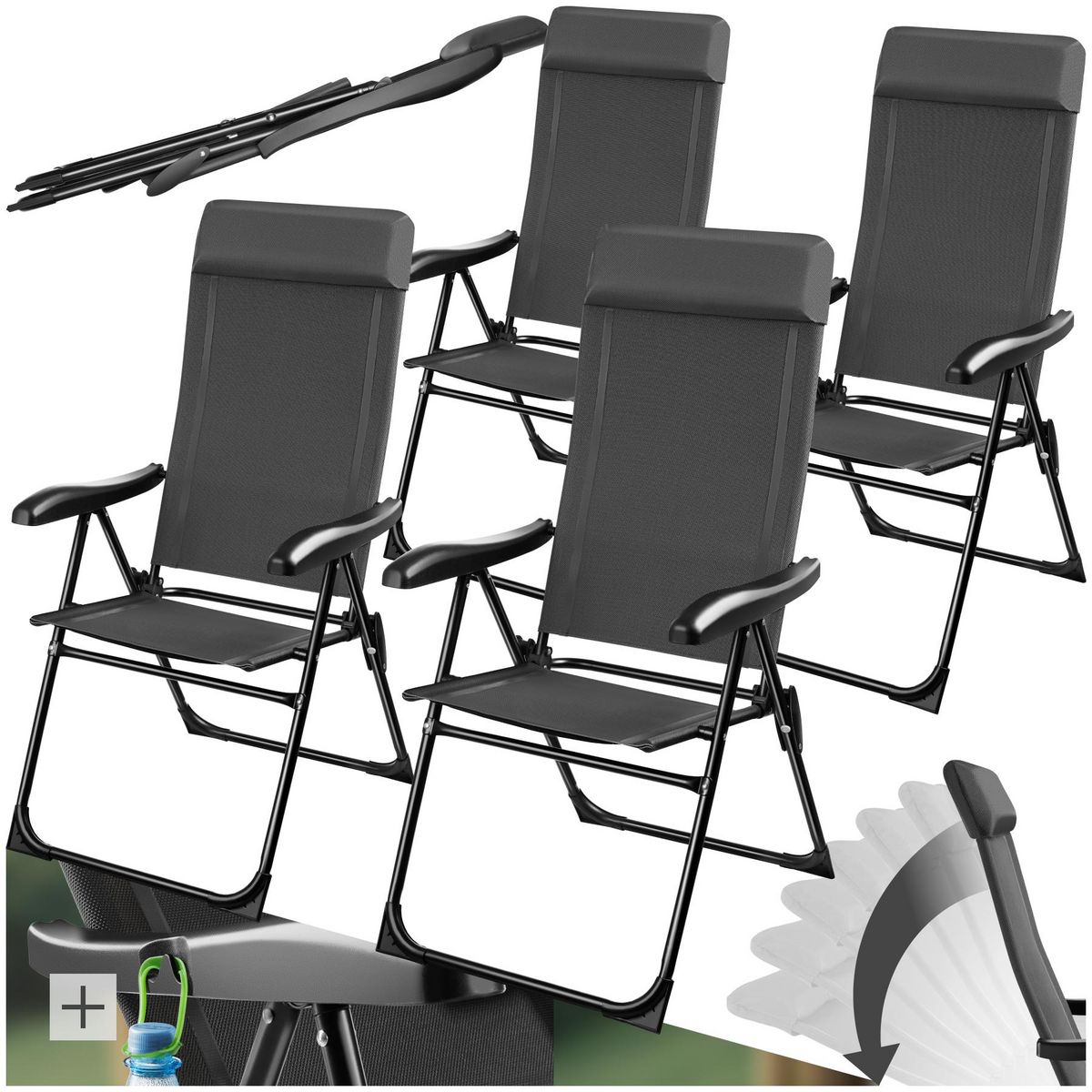 tectake Chaise de camping pliable gris anthracite Ensemble de 4 pièces