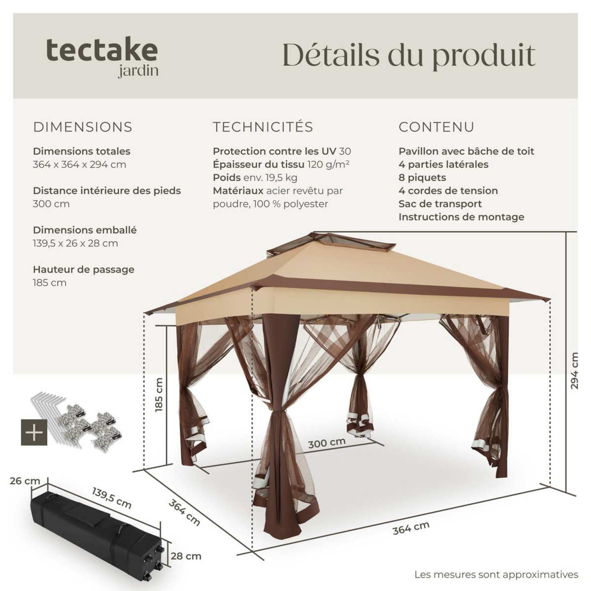 tectake Tonnelle pliable 3,64 x 3,64 x 2,94 m marron