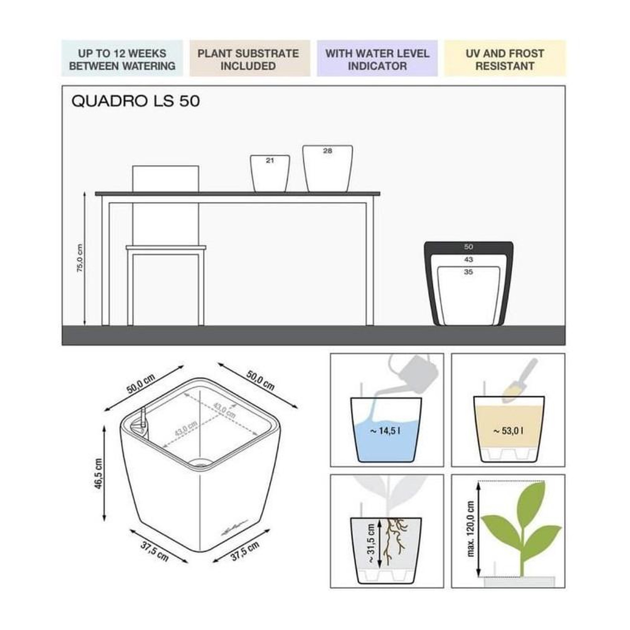 Voir la diapositive 2 : LECHUZA Pot Quadro Premium LS 50 - kit complet, noir brillant 50 cm
