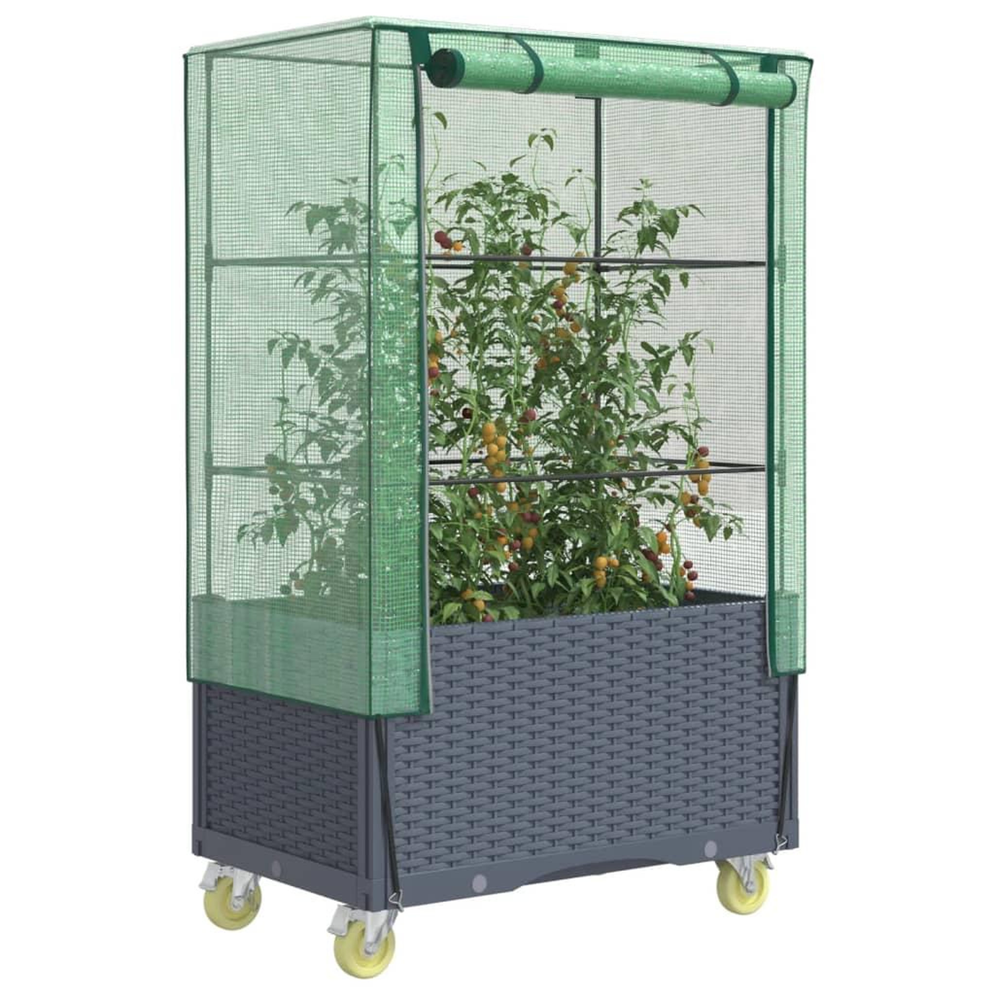 VIDAXL Jardiniere surelevee avec housse et roues aspect rotin