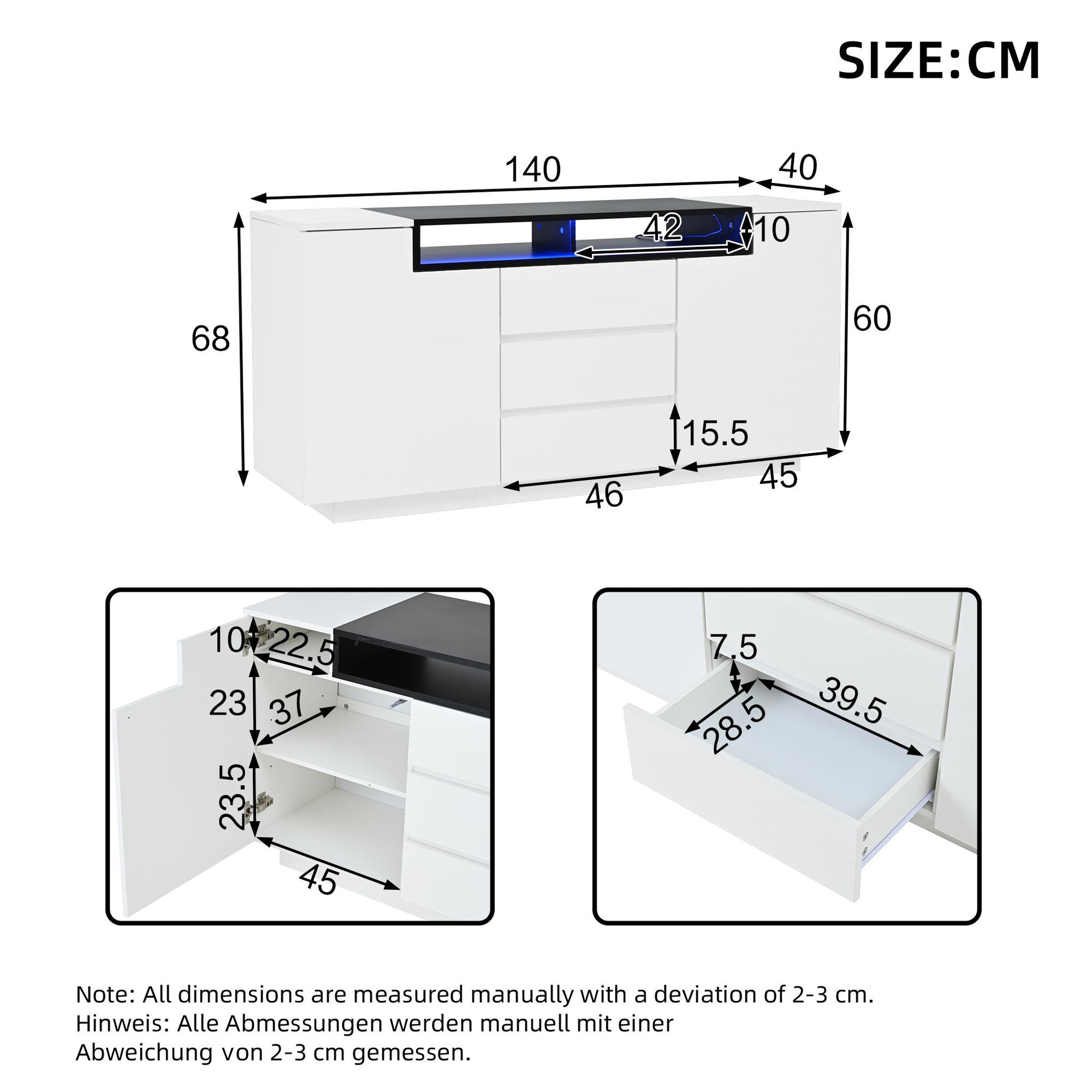 Voir la diapositive 3 : MERAX Buffet 2 porte(s) 3 tiroir(s) - 140 cm blanc led panneau de particules