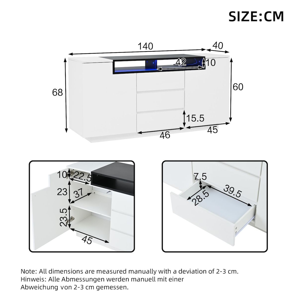MERAX Buffet 2 porte(s) 3 tiroir(s) - 140 cm blanc led panneau de particules