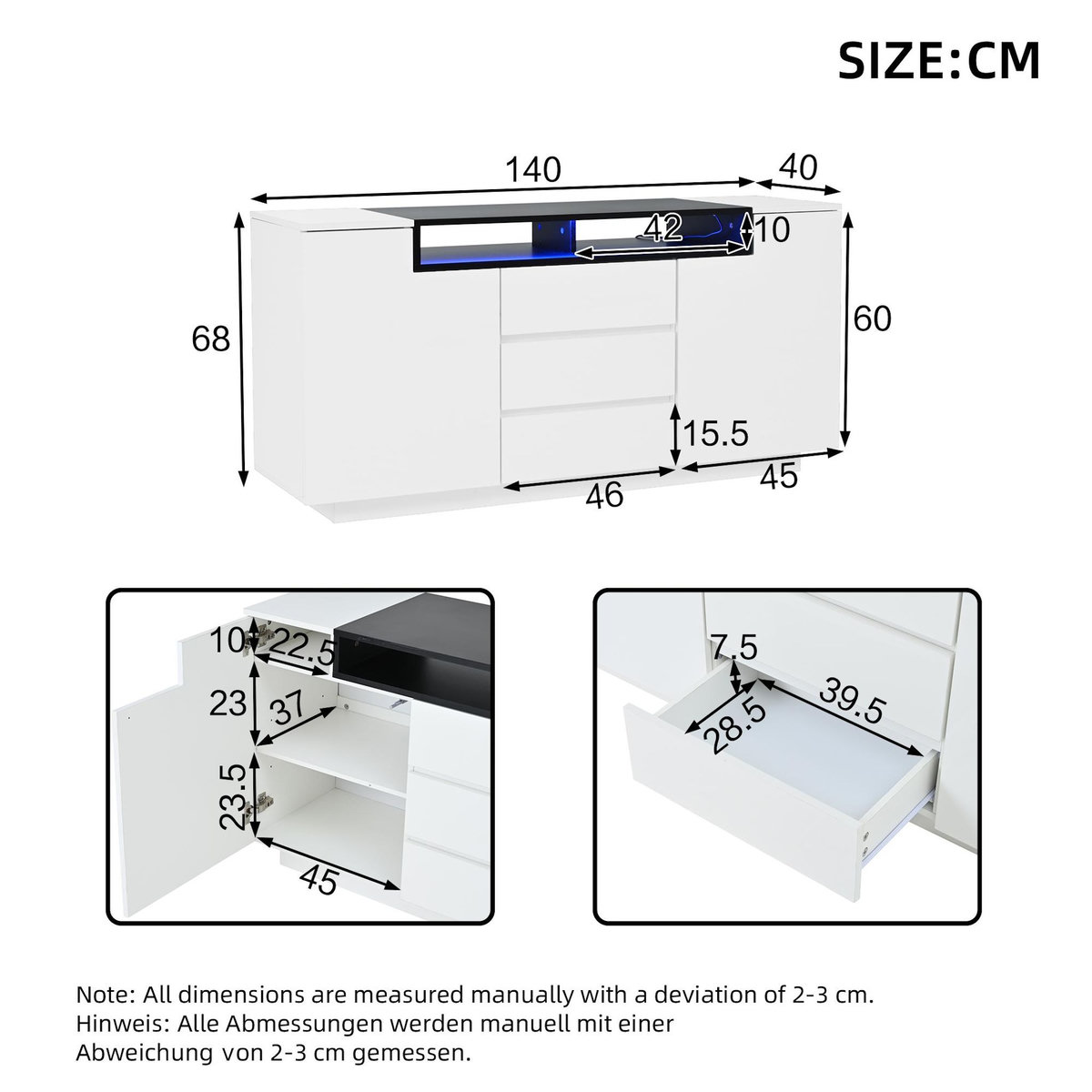 MERAX Buffet 2 porte(s) 3 tiroir(s) - 140 cm blanc led panneau de particules