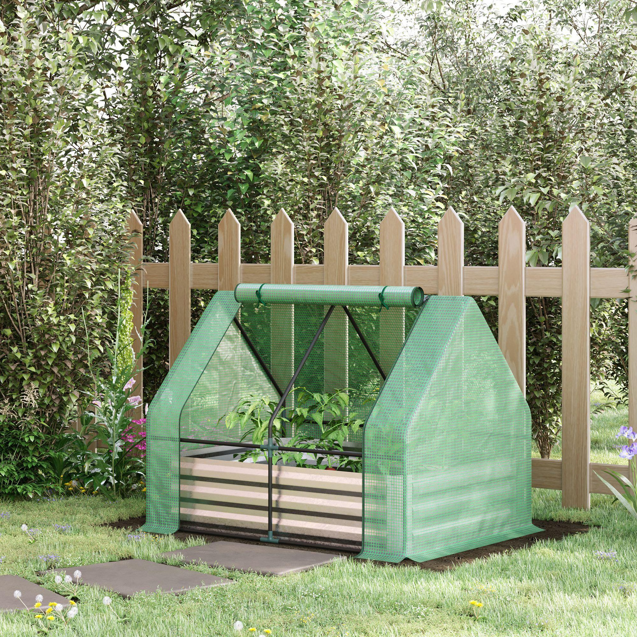 Voir la diapositive 2 : OUTSUNNY Mini serre de jardin serre à tomates avec carré potager - acier thermo-laqué, tôle d'acier ondulée, PE haute densité anti-UV - fenêtre zippée enroulable vert
