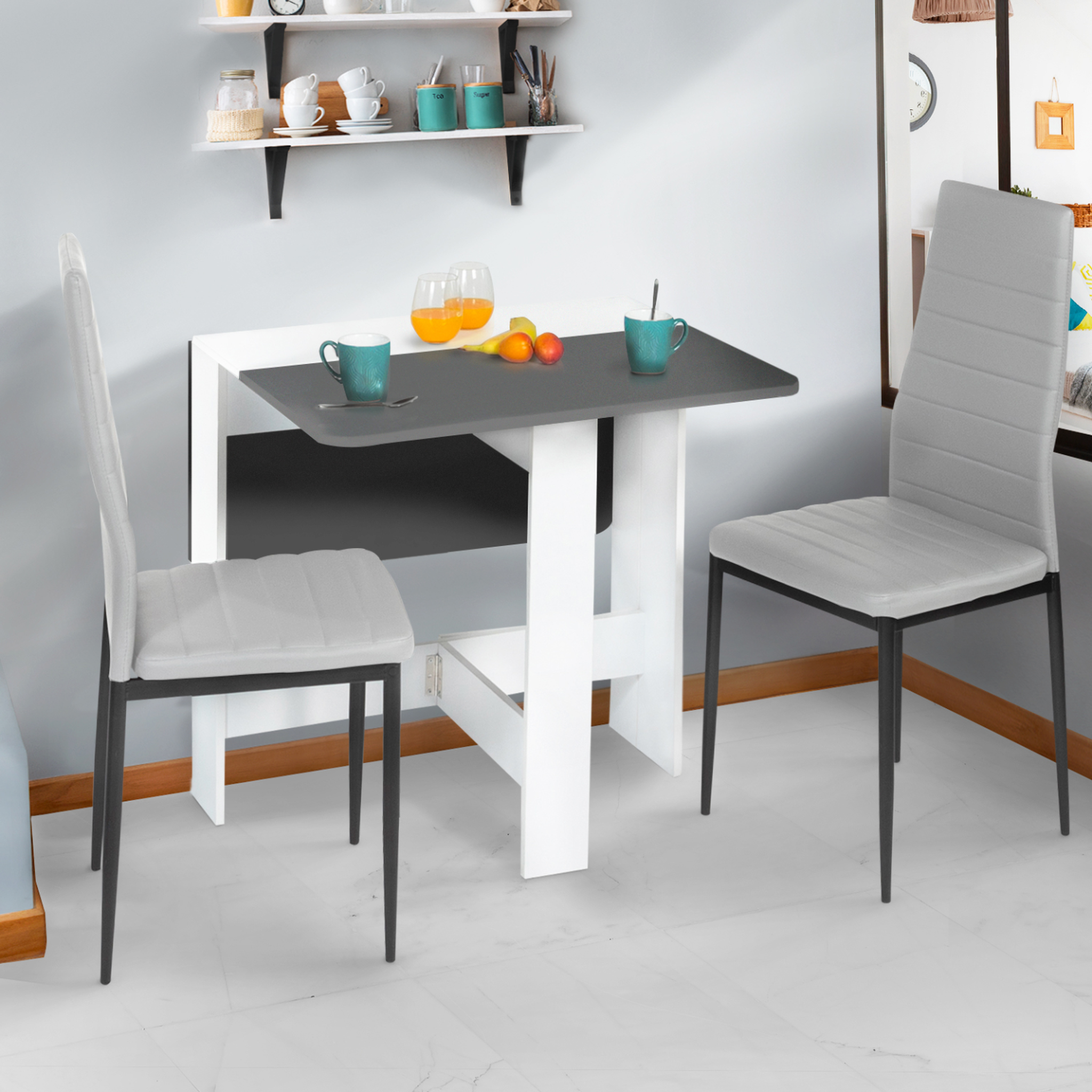 Voir la diapositive 2 : ID MARKET Table console pliable edi 2-4 personnes bois blanc plateau gris 103 x 76 cm