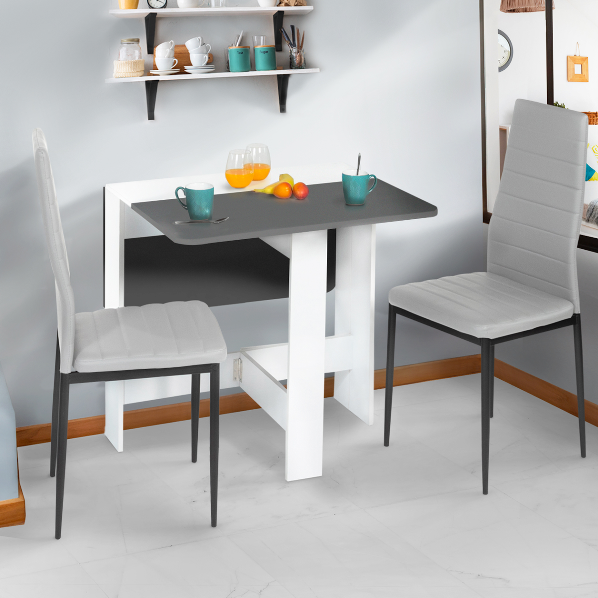 ID MARKET Table console pliable EDI 2-4 personnes bois blanc plateau gris 103 x 76 cm
