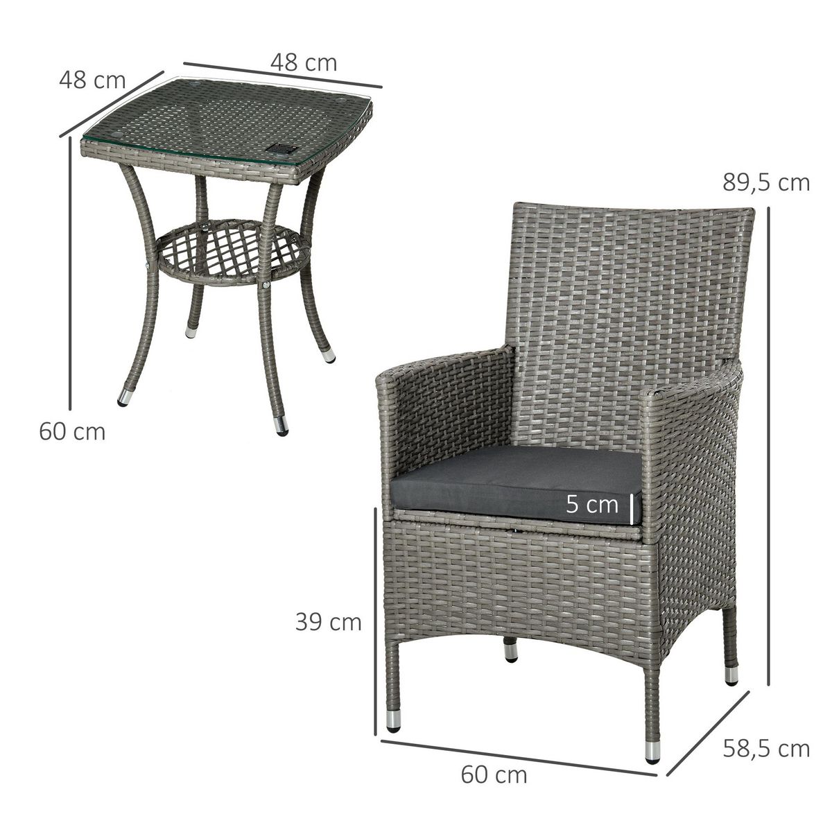 OUTSUNNY Outsunny Ensemble salon de jardin 2 places : 2 fauteuils et table basse plateau verre trempé résine tressée imitation rotin avec coussins gris