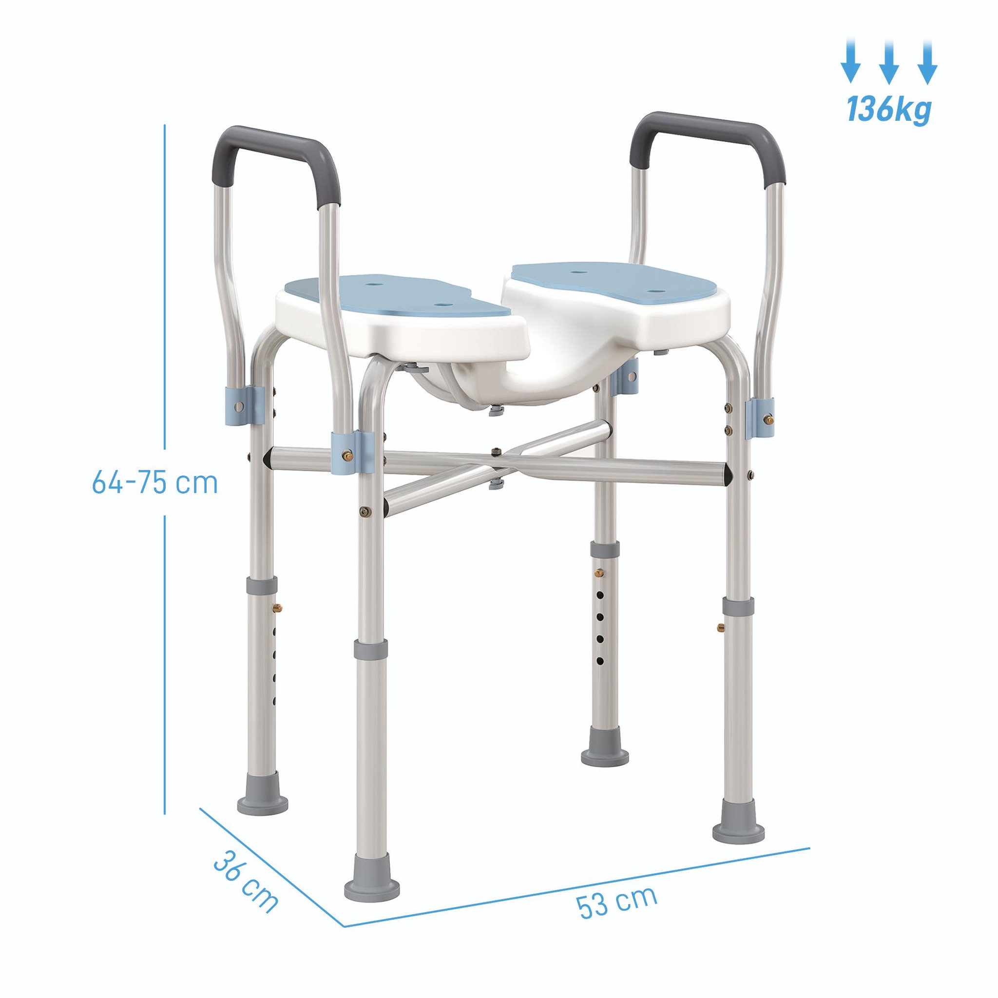 Voir la diapositive 3 : HOMCOM Siège de douche avec accoudoirs hauteur réglable antidérapant alu hdpe bleu balnc gris